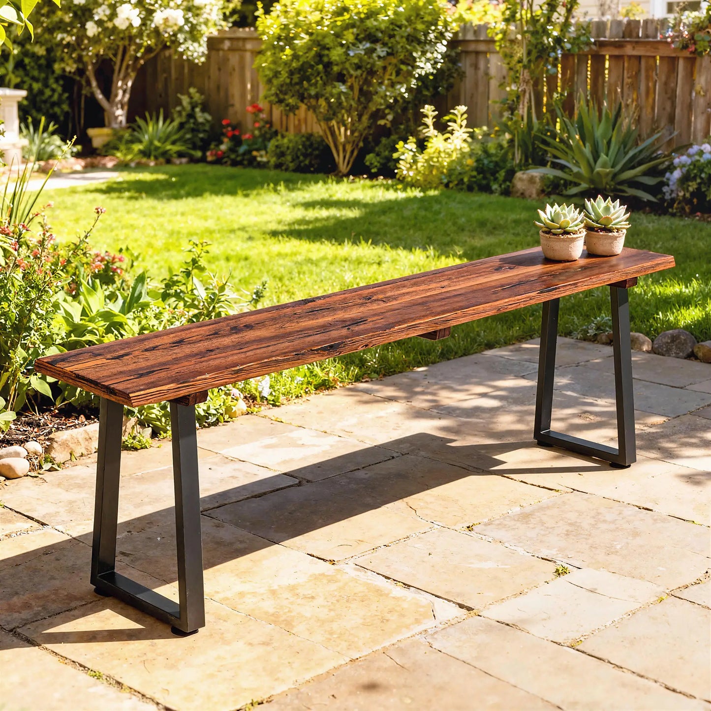 Outdoor Wood Bench For Two, 59" Backless Patio Garden Bench With Steel Legs Outdoor Benches at Gallery Canada