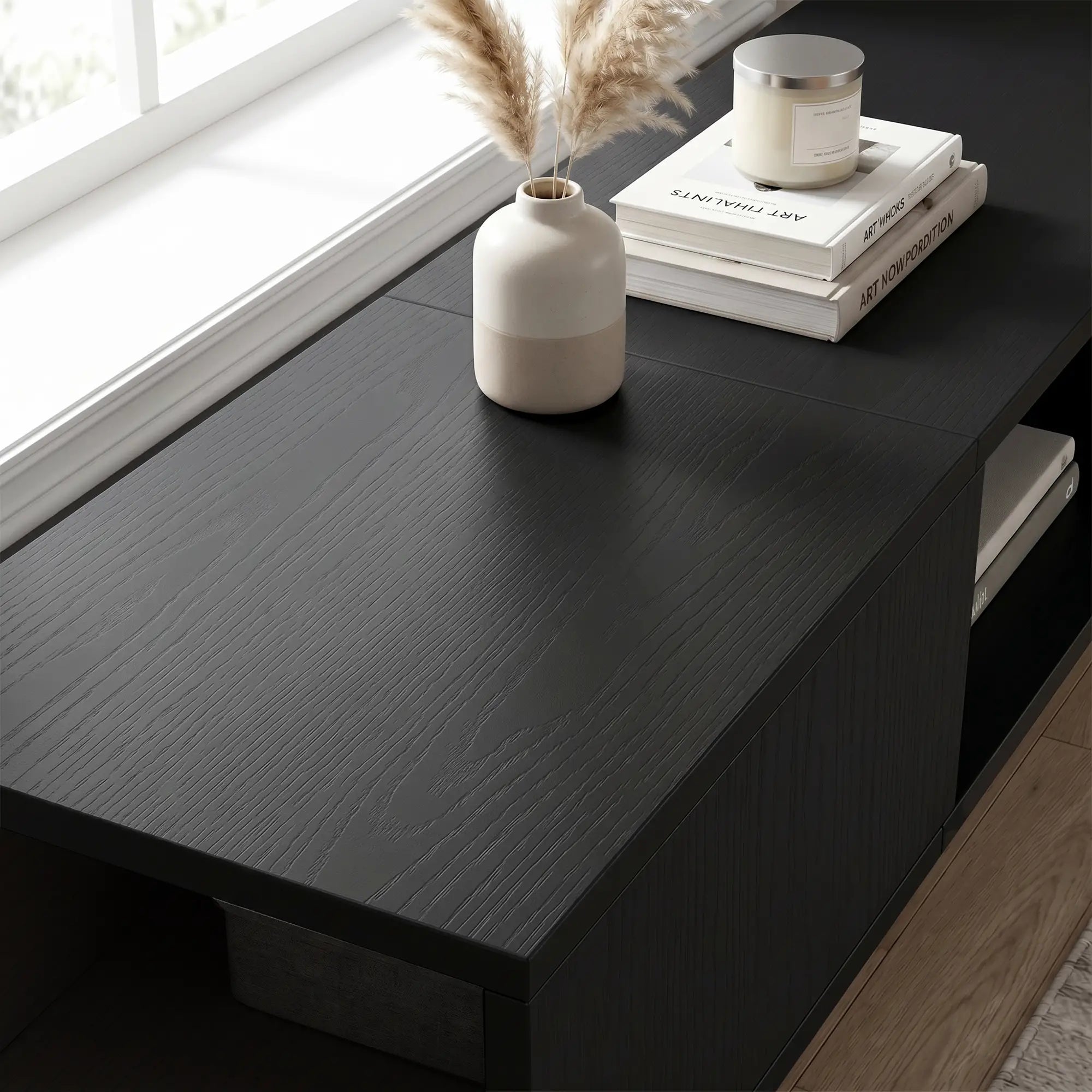 TV Stand with RGB LED Lights, Entertainment Center with Open Shelves for 75 Inch TV, Black Wood Grain TV Stands at Gallery Canada