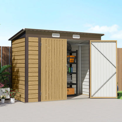 8x4FT Galvanized Metal Garden Storage Shed, Double Doors, 2 Vents, Oak Sheds at Gallery Canada