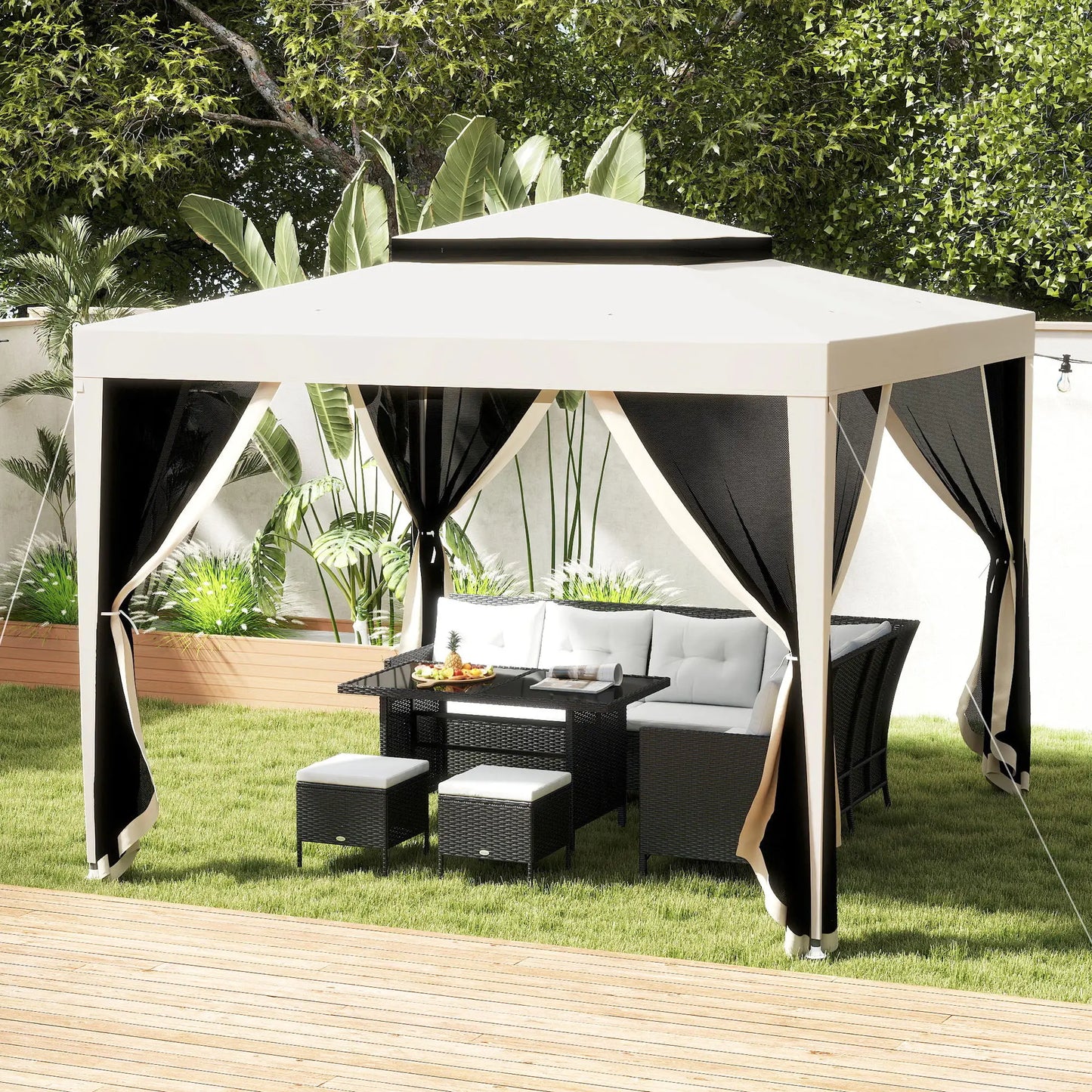 10' x 10' Outdoor Canopy Tent With Mesh Netting, Double Tier Roof, Beige Gazebos at Gallery Canada