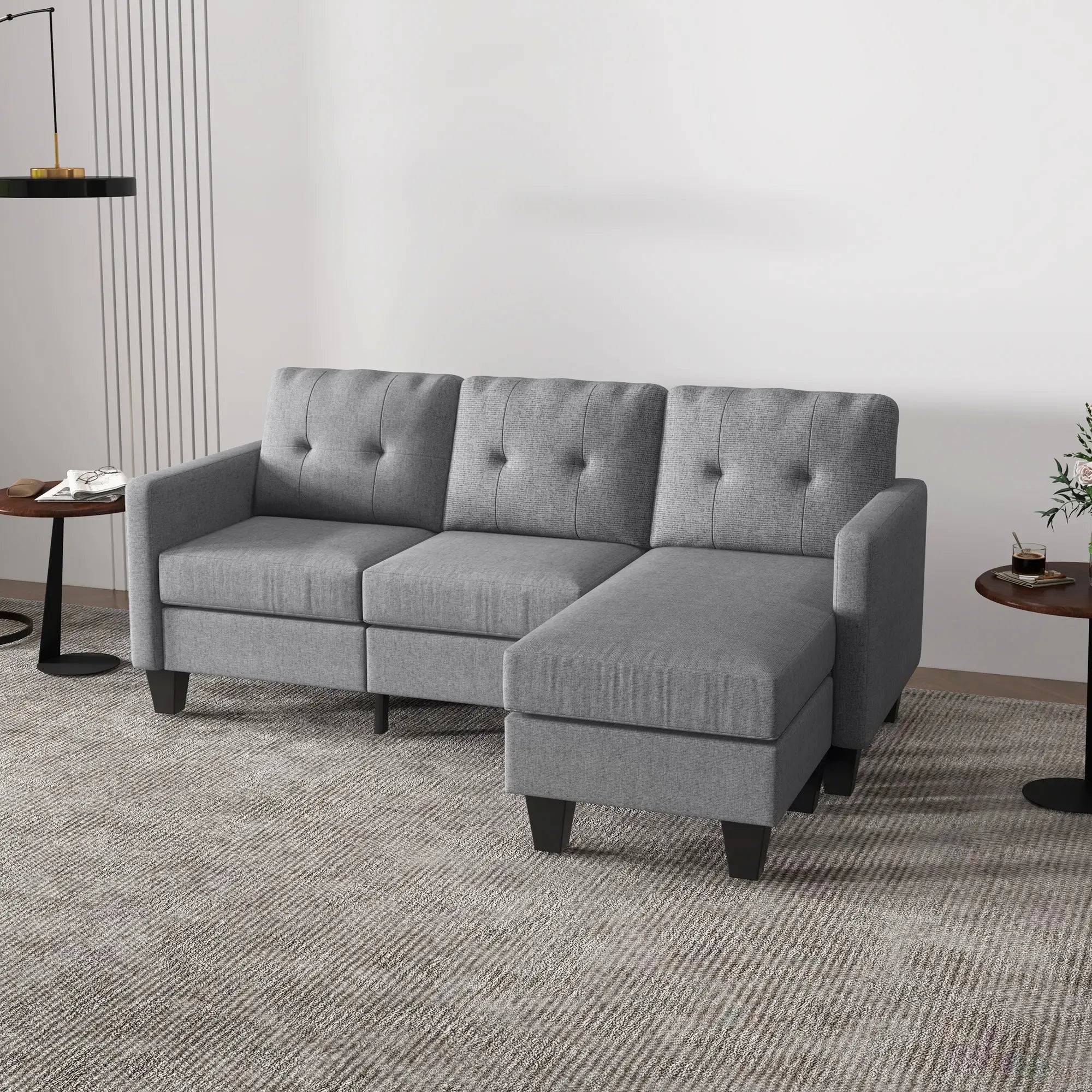 L-Shaped Sofa, 3 Seater with Ottoman, Thick Padded Cushion, Light Grey 3-Seater Sofas at Gallery Canada