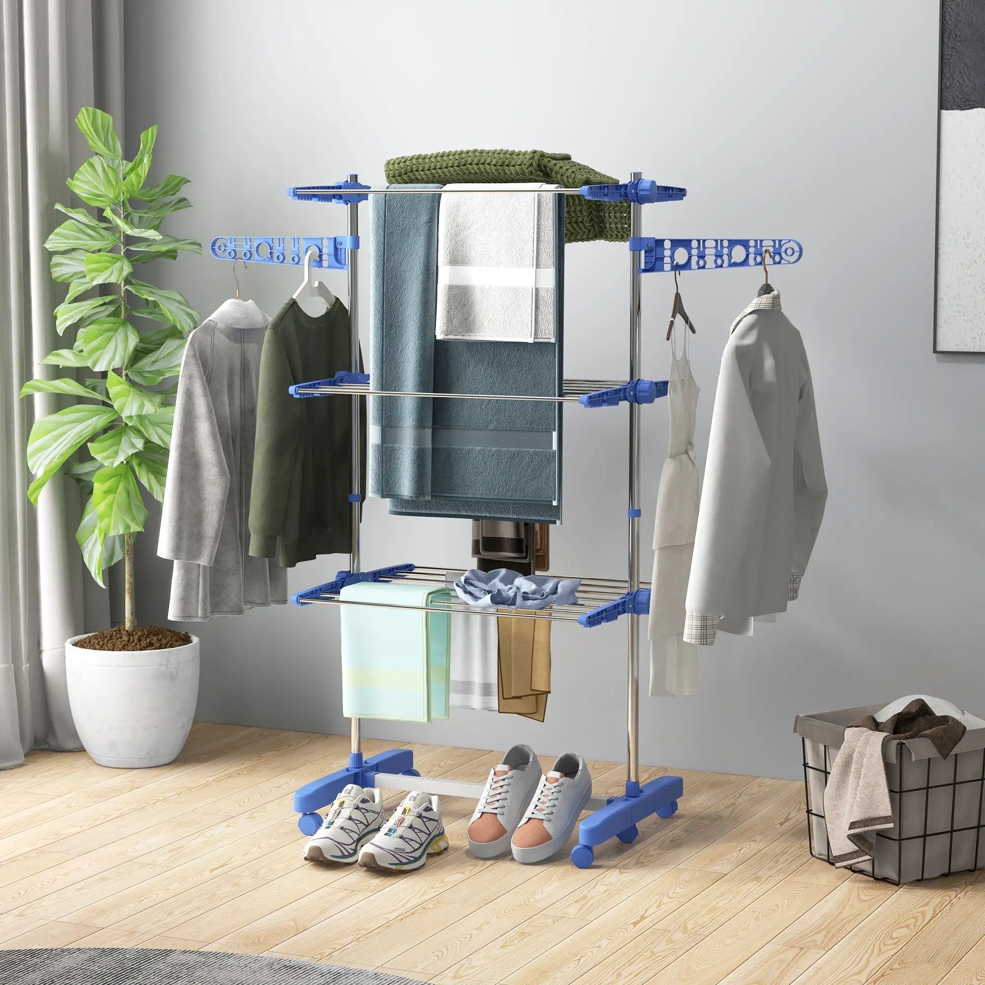 3-Tier Clothes Drying Rack, Stainless Steel Laundry Rack with 2 Side Wings and 6 Castors, Collapsible Adjustable Clothes Airer for Indoor Outdoor, Blue Bath Accessories at Gallery Canada