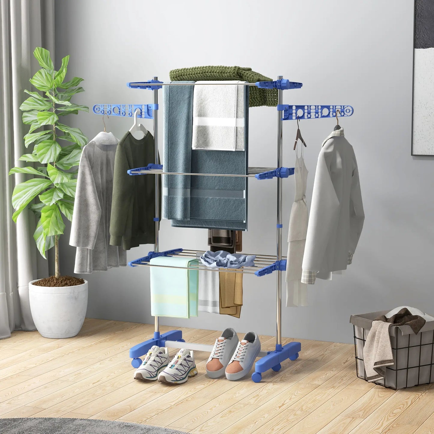 3-Tier Clothes Drying Rack, Stainless Steel Laundry Rack with 2 Side Wings and 6 Castors, Collapsible Adjustable Clothes Airer for Indoor Outdoor, Blue Bath Accessories at Gallery Canada