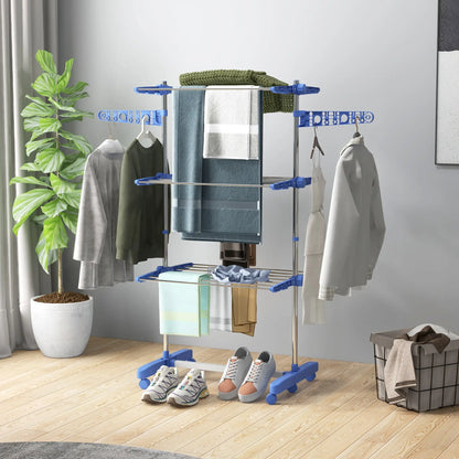 3-Tier Clothes Drying Rack, Stainless Steel Laundry Rack with 2 Side Wings and 6 Castors, Collapsible Adjustable Clothes Airer for Indoor Outdoor, Blue Bath Accessories at Gallery Canada