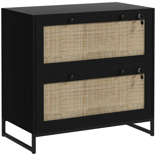 2-Drawer Filing Cabinet with Lock, Rattan, Adjustable Hanging Bar, Black Office Cabinets & Cupboards Black, Natural at Gallery Canada