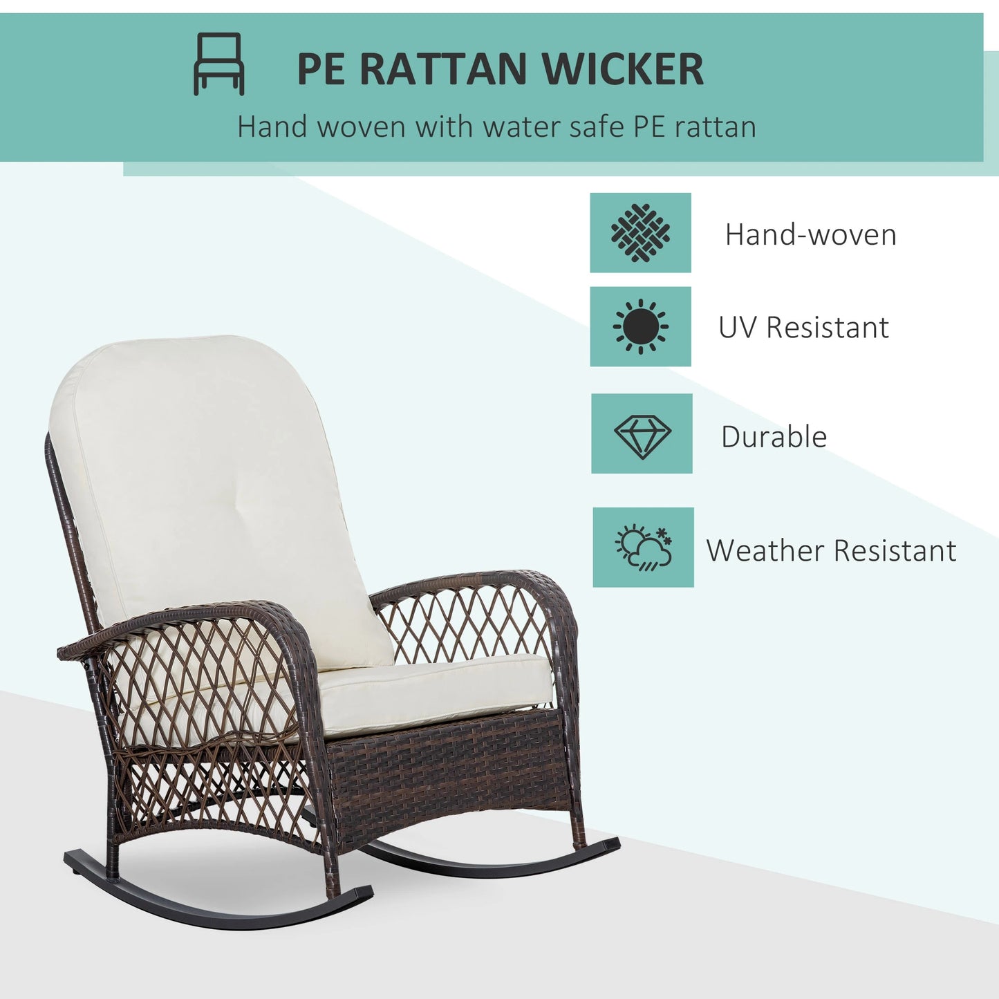 Rattan Rocking Chair, Outdoor Wicker Patio Furniture with Cushions, Cream White Outdoor Rocking Chairs at Gallery Canada