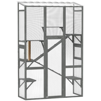 Wooden Catio Outdoor Cat Enclosure, 6 Jumping Platforms, Scratching Post, 2 Ramps, Waterproof Roof, Grey Outdoor Cat Enclosures at Gallery Canada