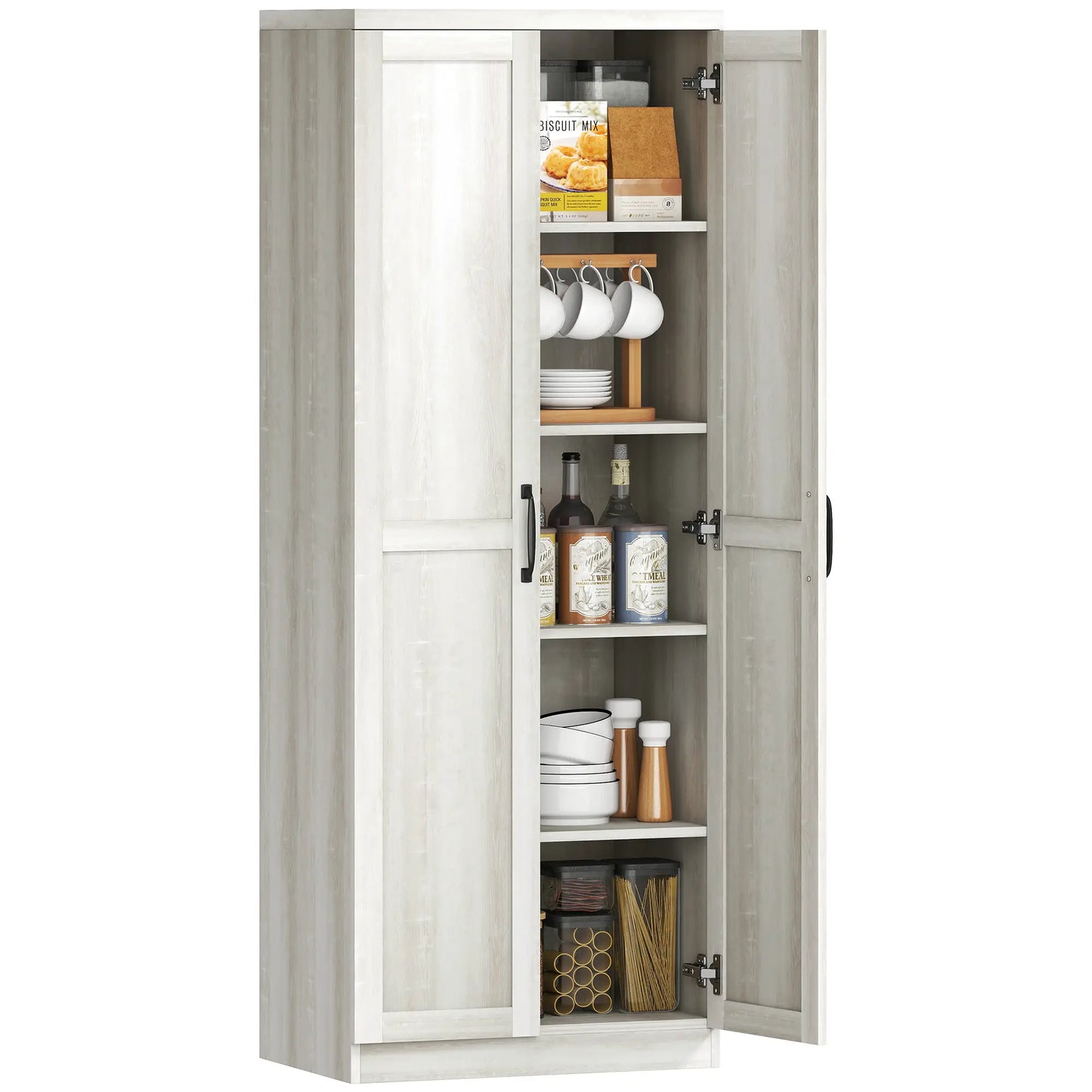 63" Kitchen Storage Cabinet, 5-Tier Pantry with Doors, Adjustable Shelves, Distressed, White Kitchen Pantry Cabinets at Gallery Canada