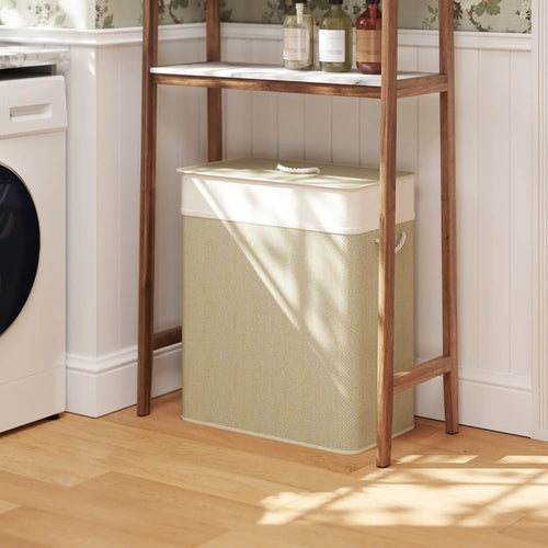 Double Laundry Basket with Lid, 100L Bamboo Hamper, Natural