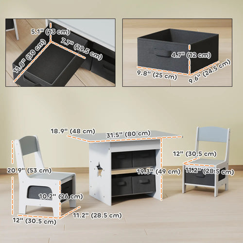 3 Piece Kids Table and Chair Set, 6 Removable Drawers, Light Grey