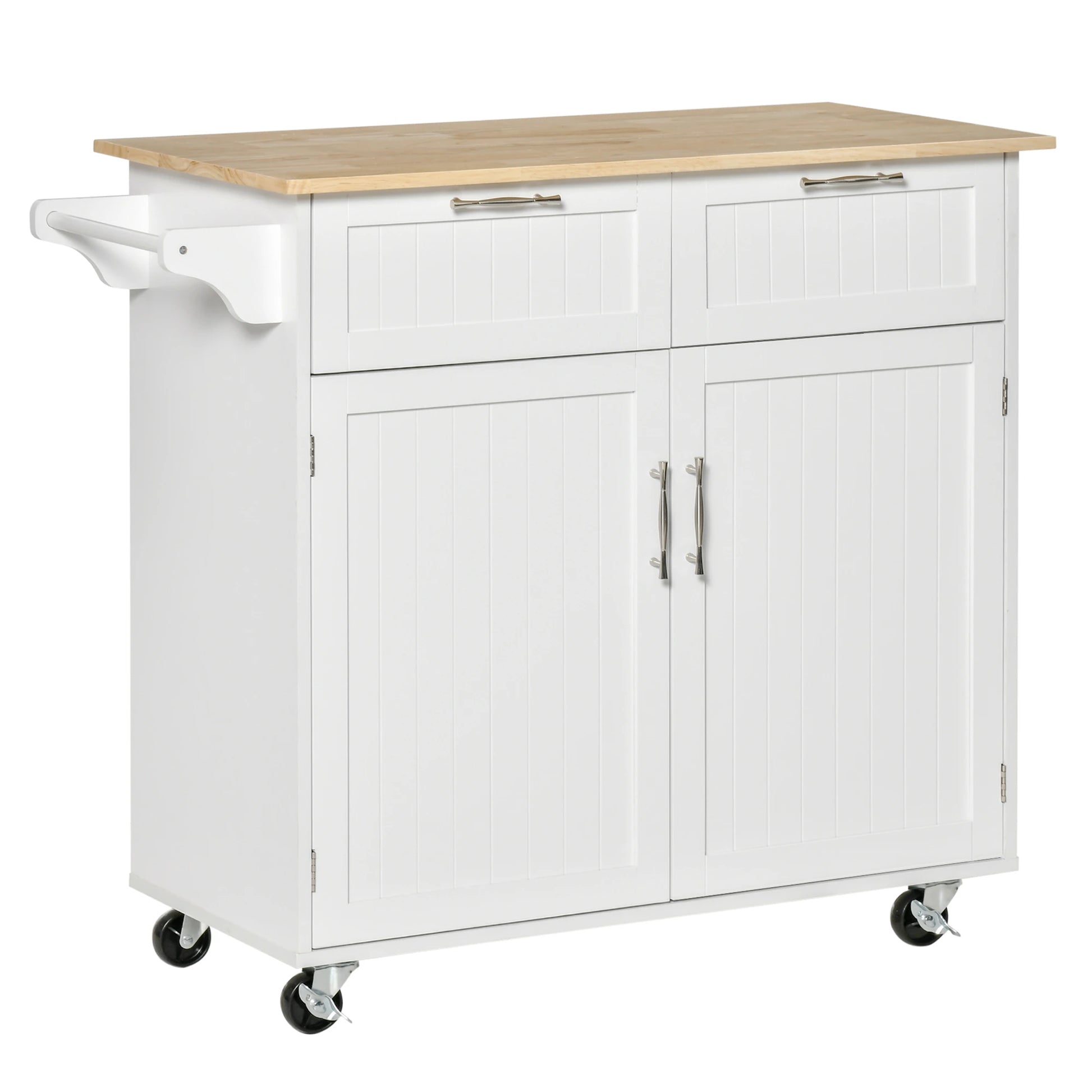 Rolling Kitchen Island with Drawers, Rubber Wood Top, Cabinet, White Kitchen Islands & Kitchen Carts White at Gallery Canada