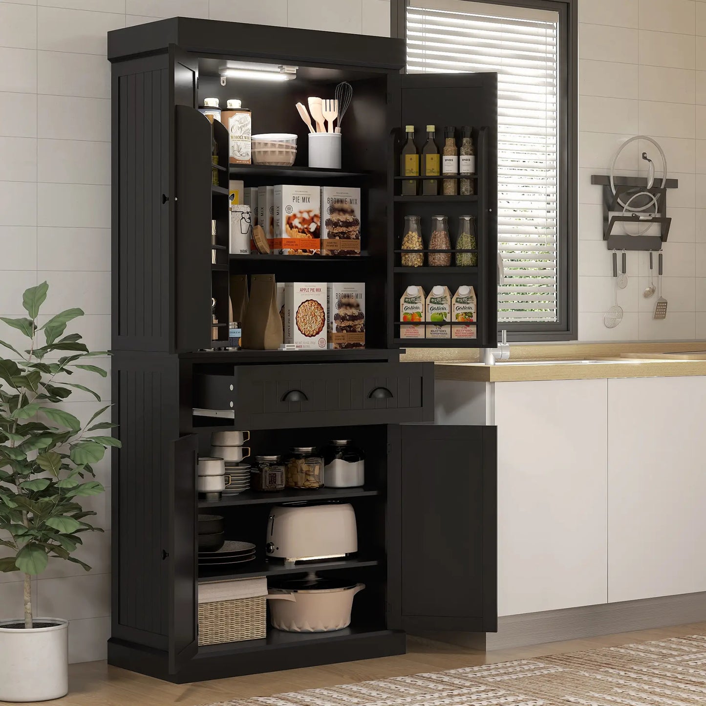 71" Kitchen Pantry Cabinet, LED Lights, 6 Spice Racks, Drawer, 4 Adjustable Shelves, Black Kitchen Pantry Cabinets at Gallery Canada