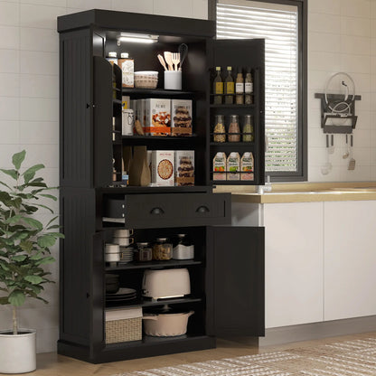 71" Kitchen Pantry Cabinet, LED Lights, 6 Spice Racks, Drawer, 4 Adjustable Shelves, Black Kitchen Pantry Cabinets at Gallery Canada