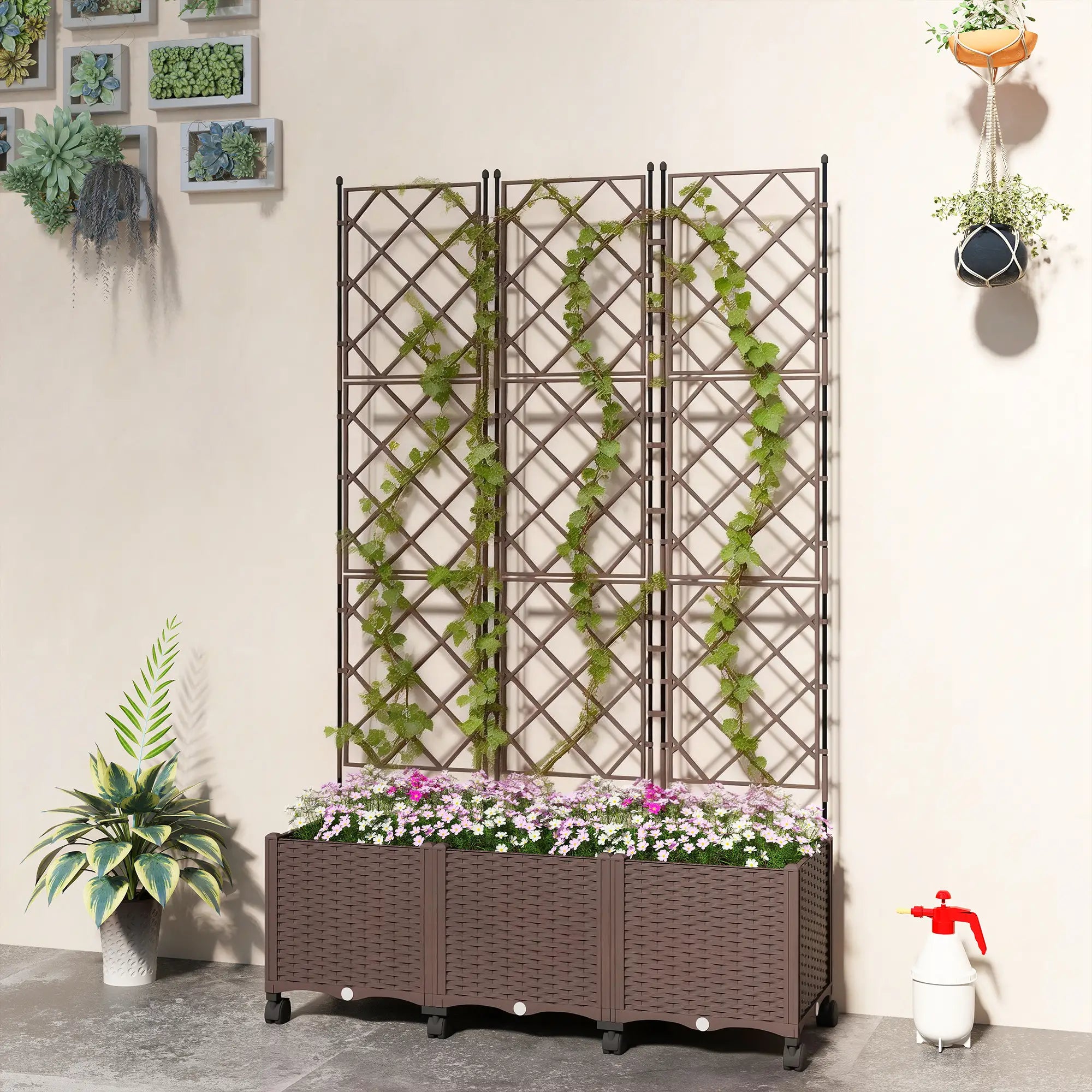 Plastic Raised Garden Bed With Trellis, Self Watering Planter Box With Wheels Raised Garden Beds at Gallery Canada