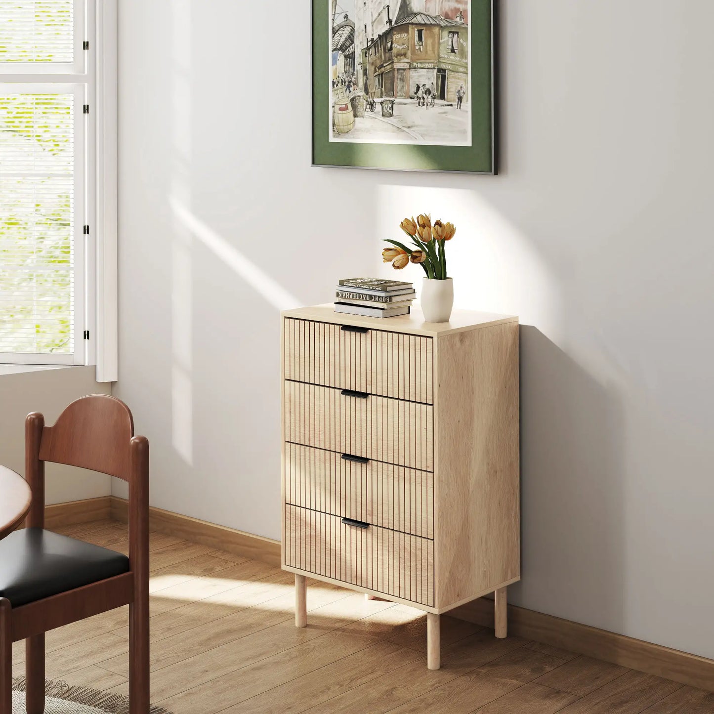 4 Drawer Dresser, Fluted Panels, Solid Wood Legs, Oak Storage Cabinets at Gallery Canada