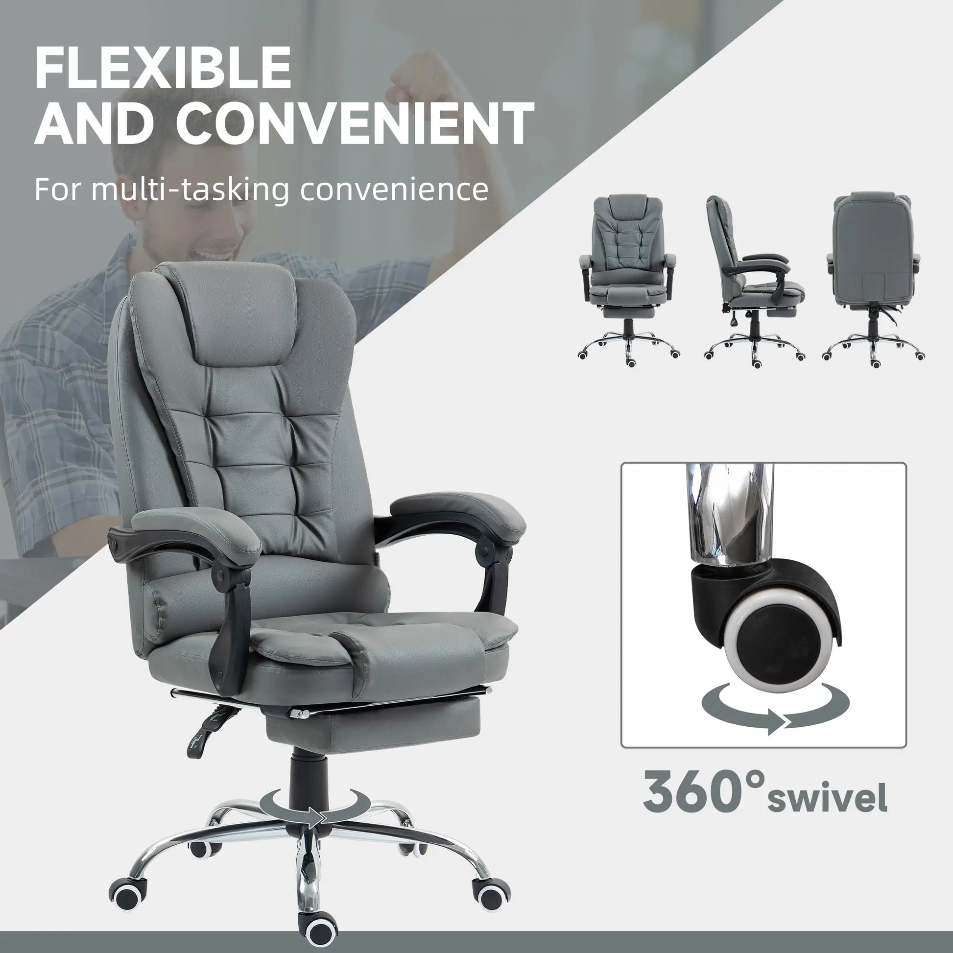High Back PU Leather Office Chair, Retractable Footrest, Padded Armrest, Grey Executive & Manager Chairs at Gallery Canada