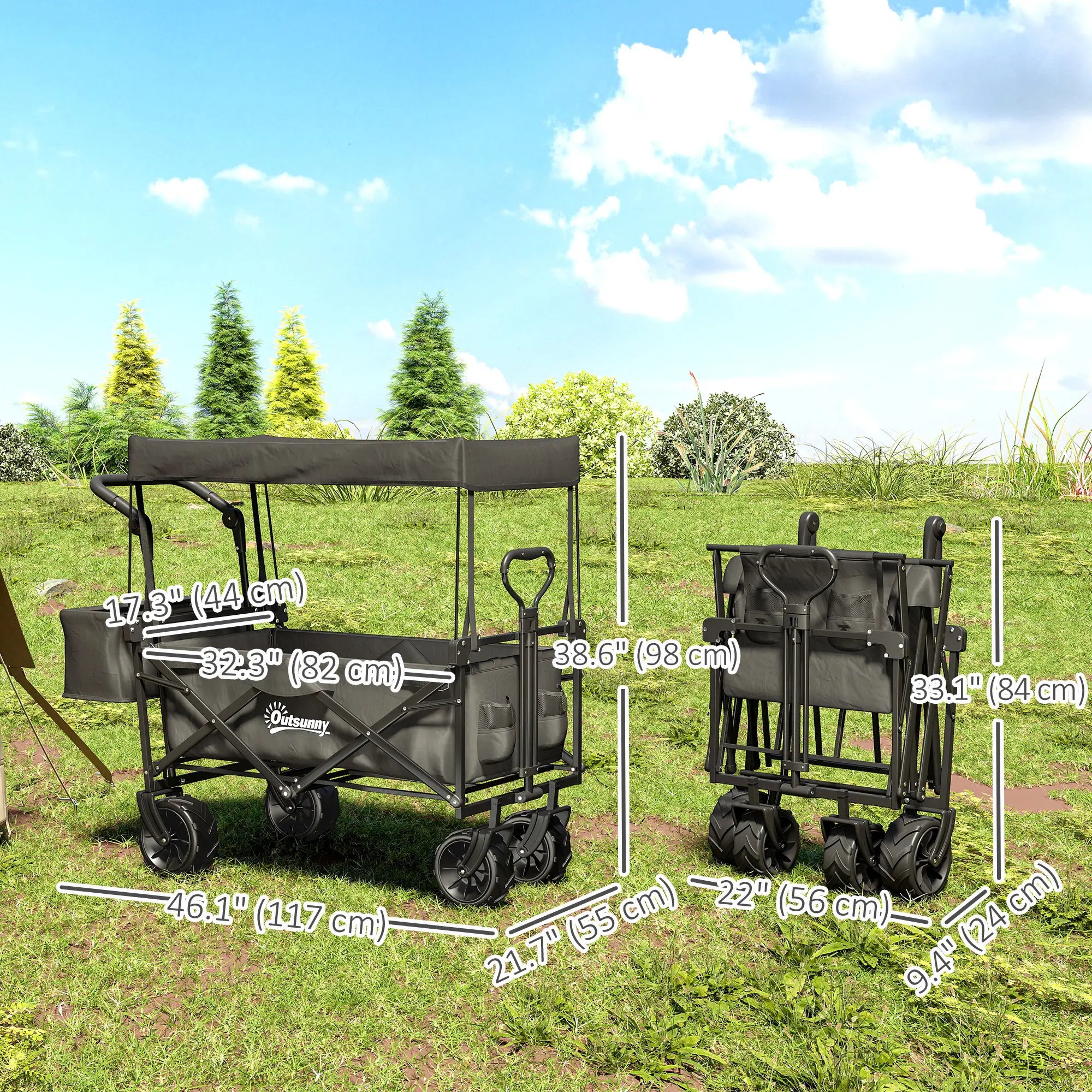 80L Folding Wagon Cart, Heavy-Duty Collapsible, Adjustable Handle, Black Folding Garden Carts at Gallery Canada