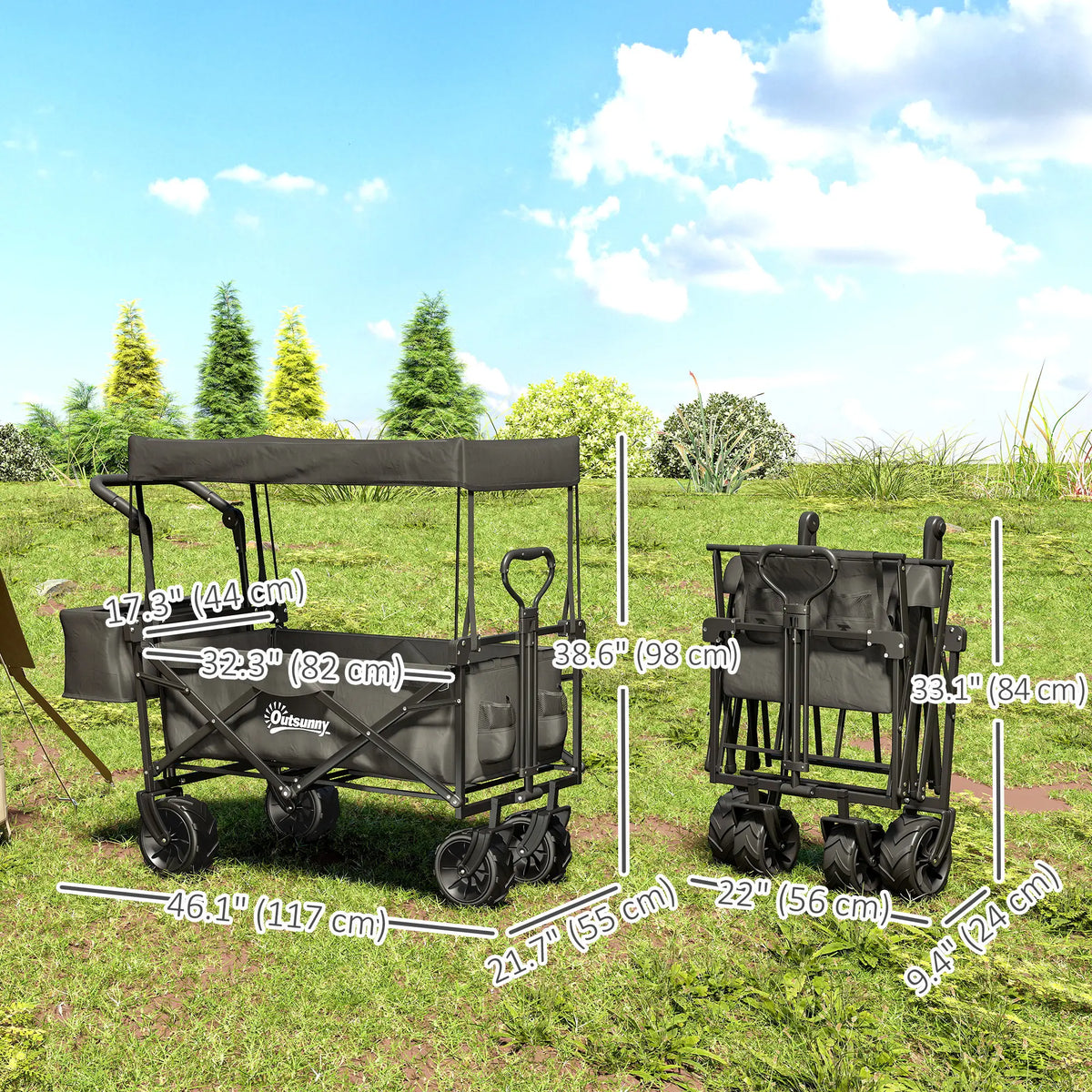 80L Folding Wagon Cart, Heavy-Duty Collapsible, Adjustable Handle, Black Folding Garden Carts at Gallery Canada