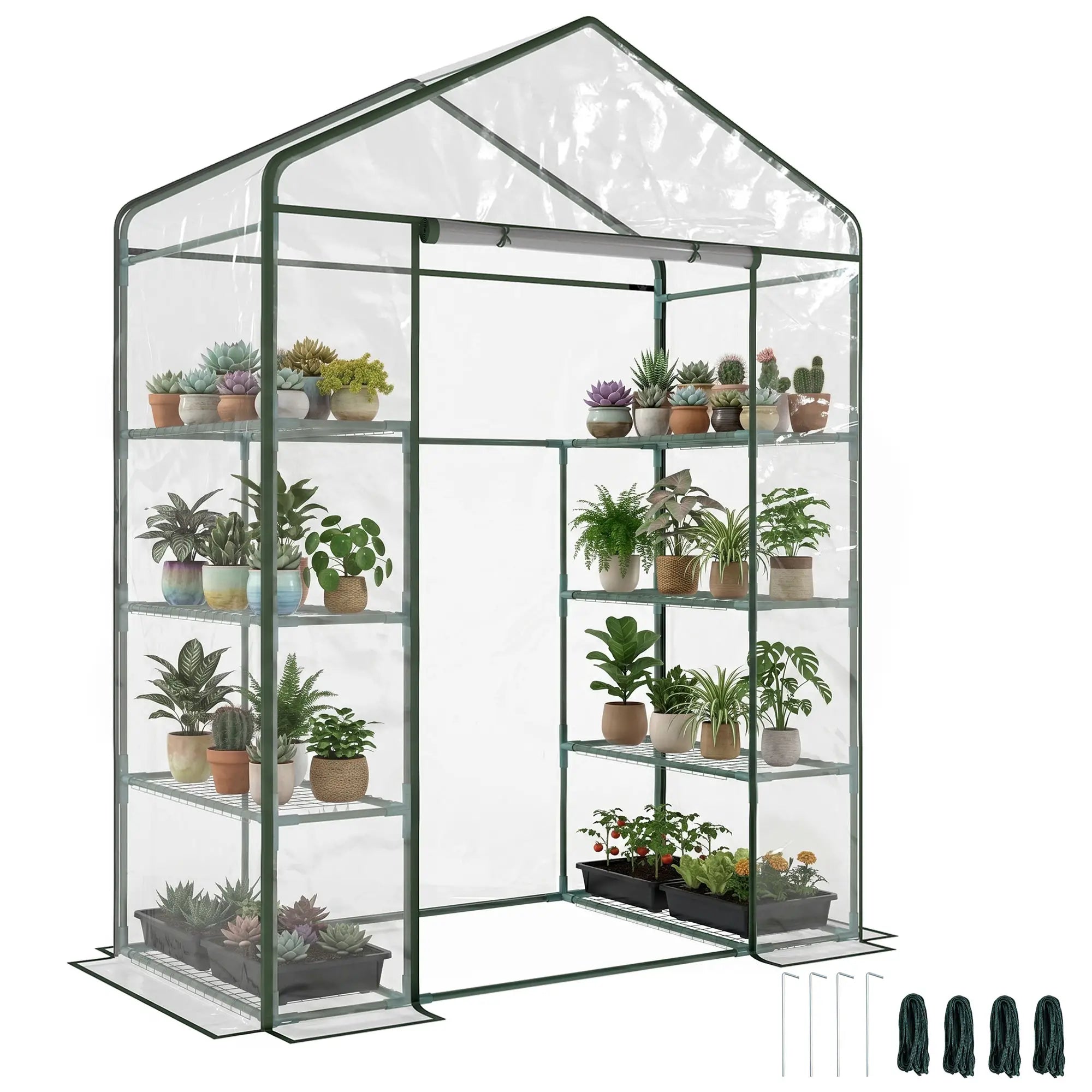 56” x 29” x 77” Walk-In Greenhouse, 4 Tier Shelves, Roll Up Door, Transparent Walk In Greenhouses Deep Green Frame, Transparent Cover at Gallery Canada