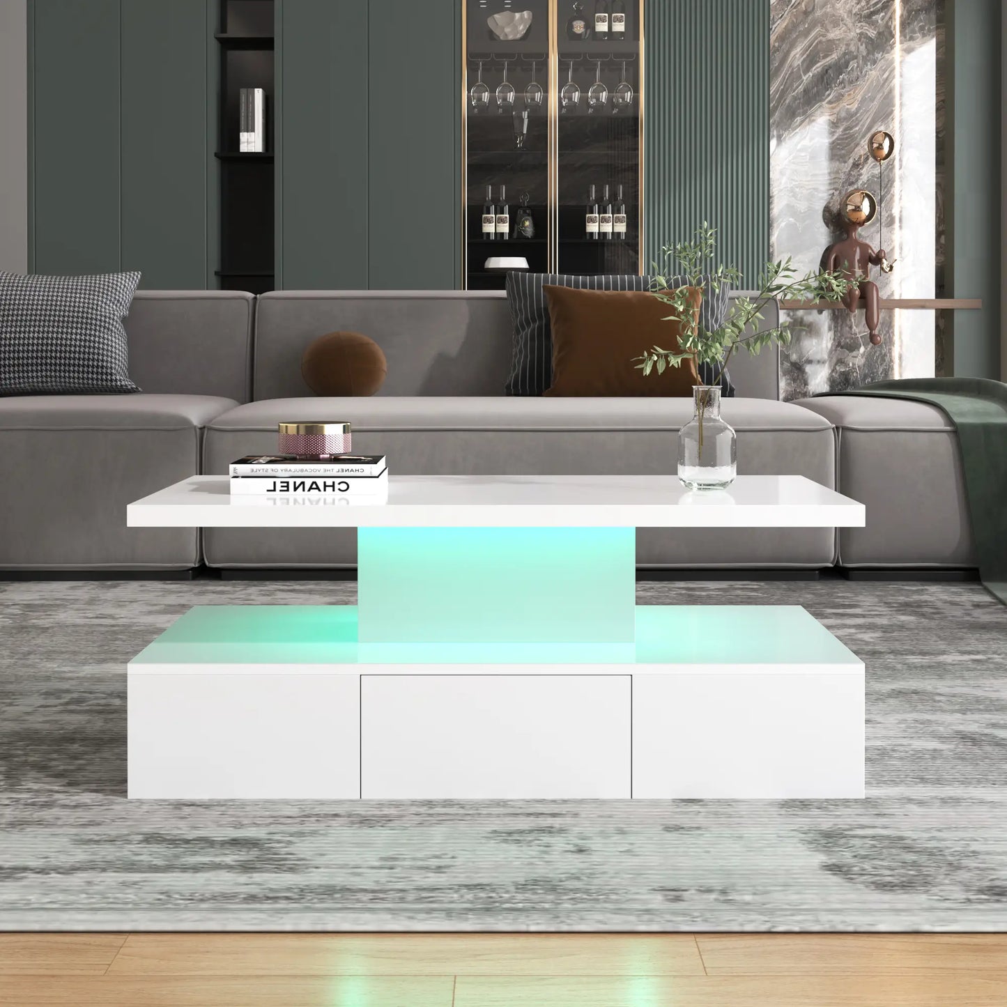 High-Gloss Coffee Table, Hidden Drawer, 39.5" L x 19.5" W x 15.5" H, White Coffee Tables at Gallery Canada