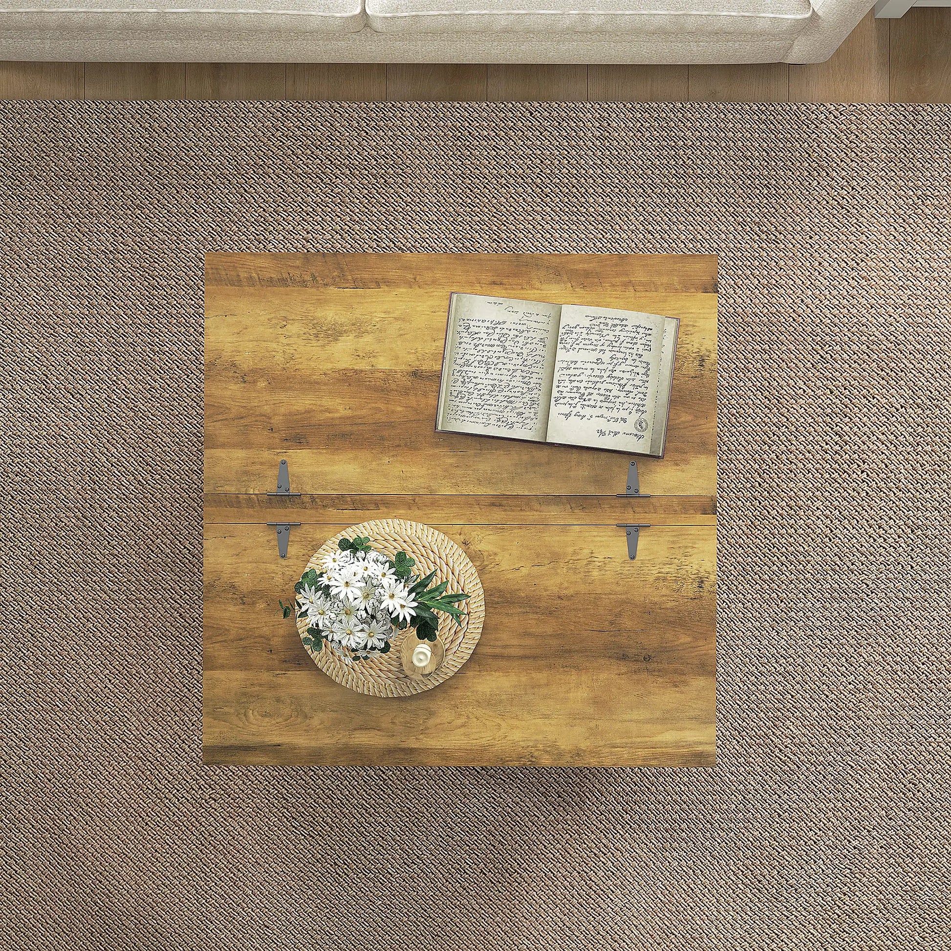 Farmhouse Coffee Table, Square Flip-Top, Hidden Storage, Antique White Coffee Tables at Gallery Canada