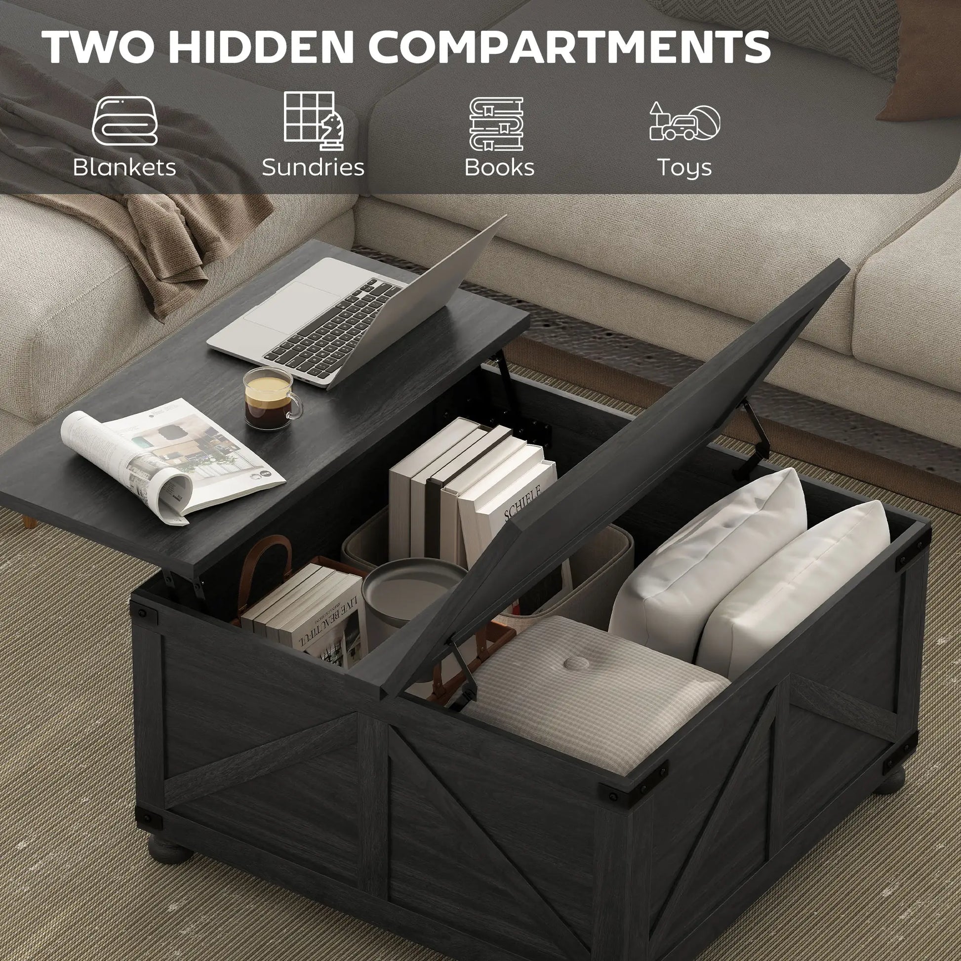 Lift Top Coffee Table, 32" Farmhouse Style, Hidden Compartment, Black Wood Grain, Black Coffee Tables at Gallery Canada