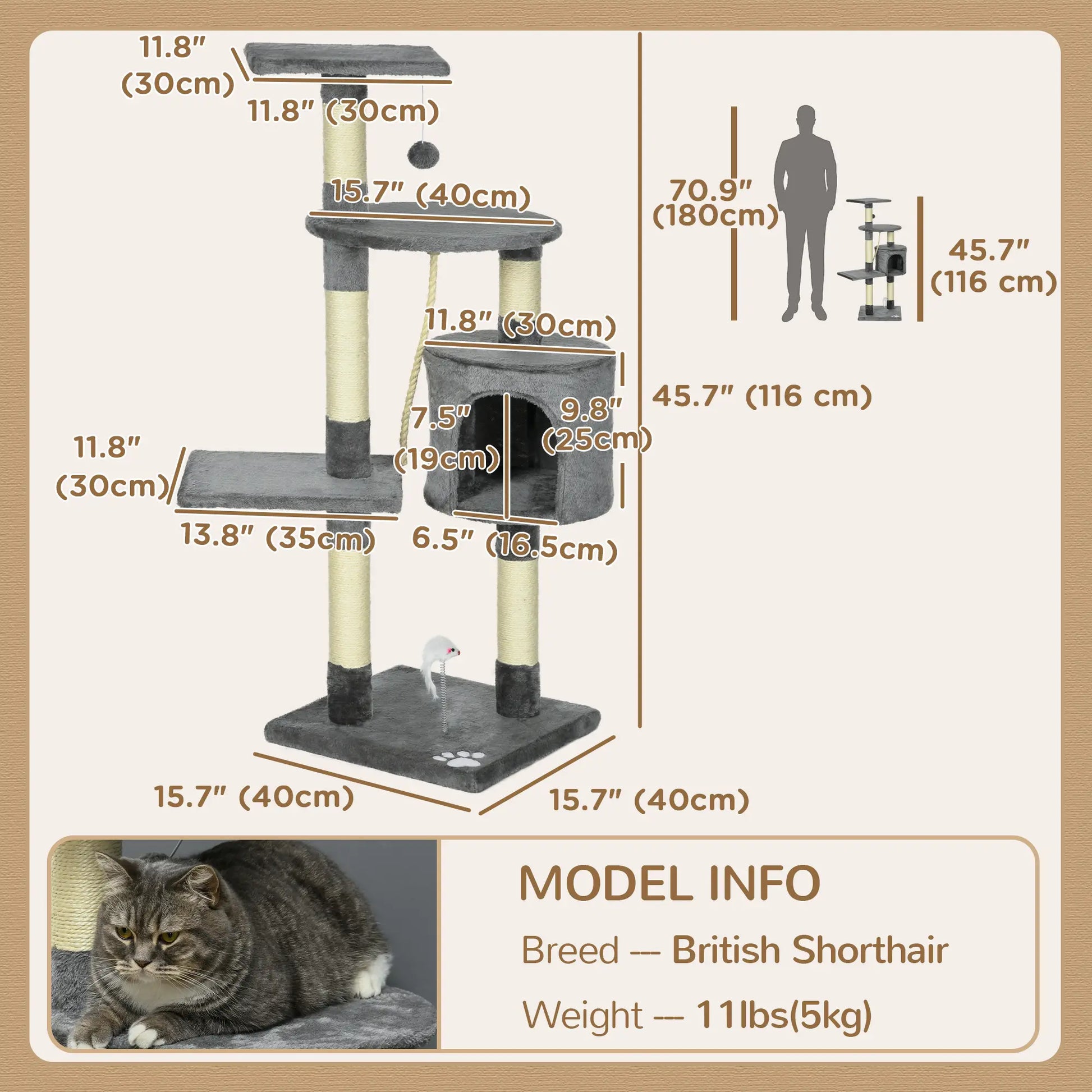 46Inch Cat Tree, Multi Level Tower for Large Cats, Grey Floor to Ceiling Cat Trees at Gallery Canada