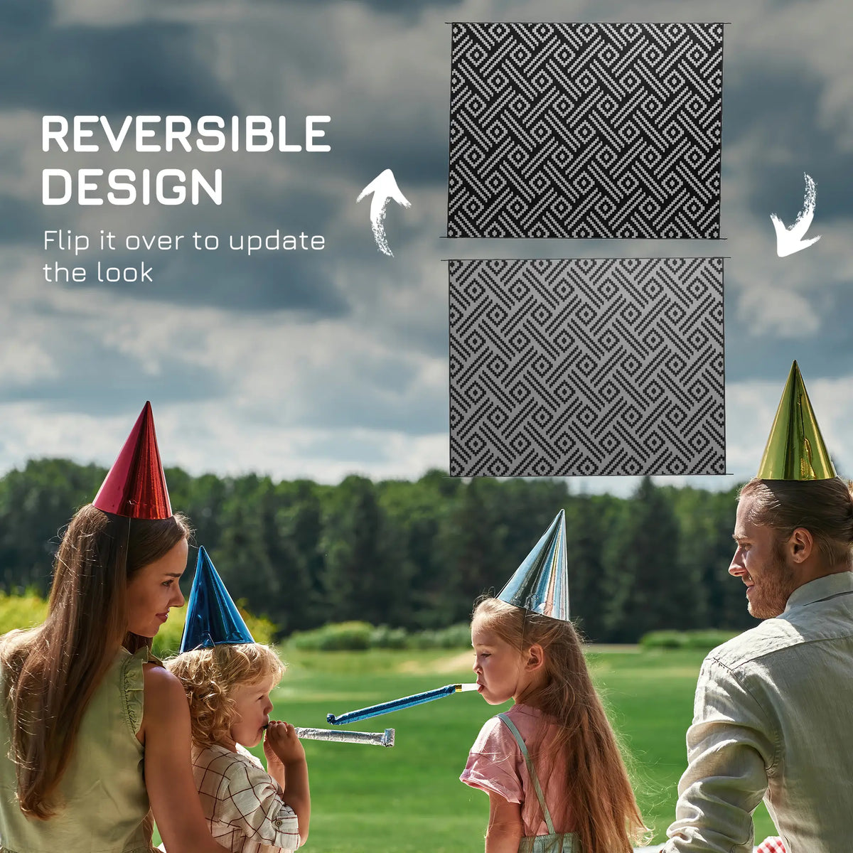 Reversible Outdoor Rug, Waterproof, 9' x 12', Geometric, Black Grey Outdoor Reversible Rugs at Gallery Canada