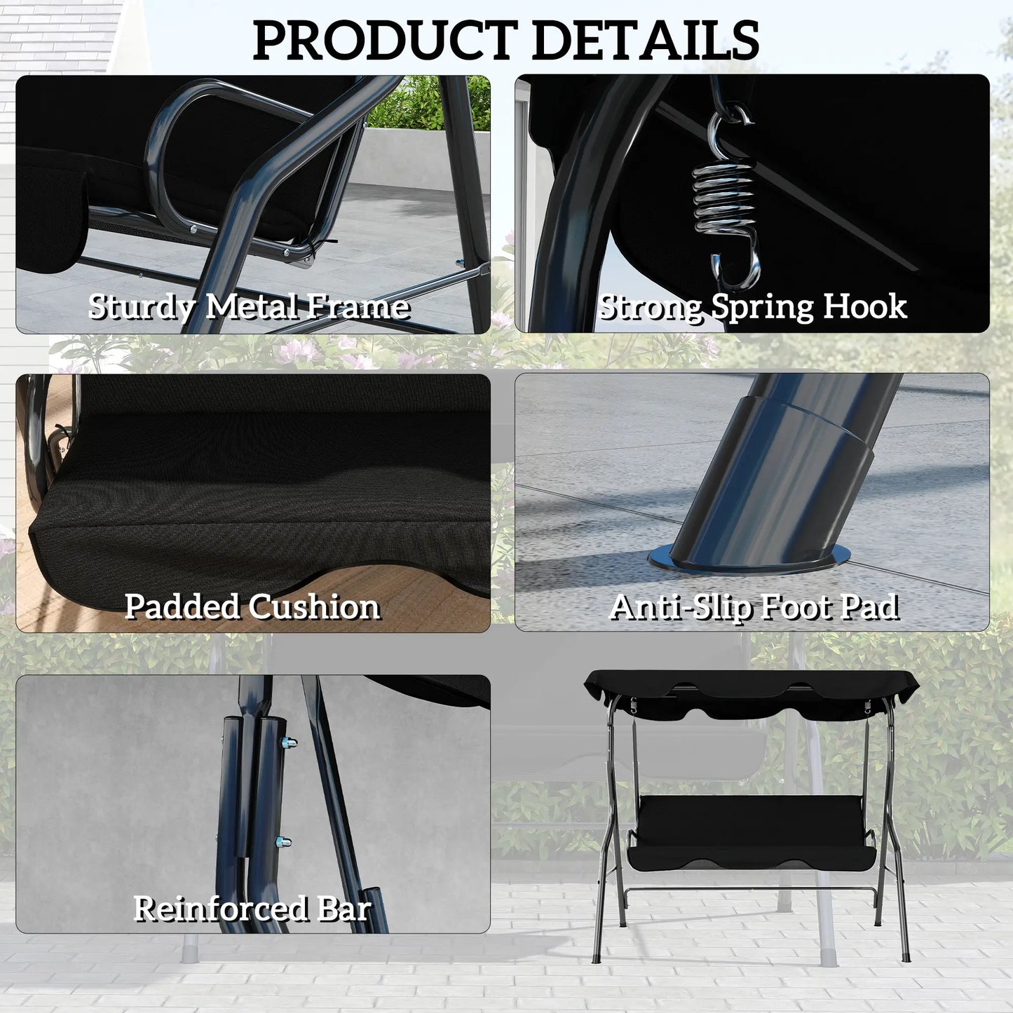 Outdoor Porch Swing, Adjustable Canopy, 3-Seater Patio Chair With Cushion, Black Porch Swings with Canopy at Gallery Canada