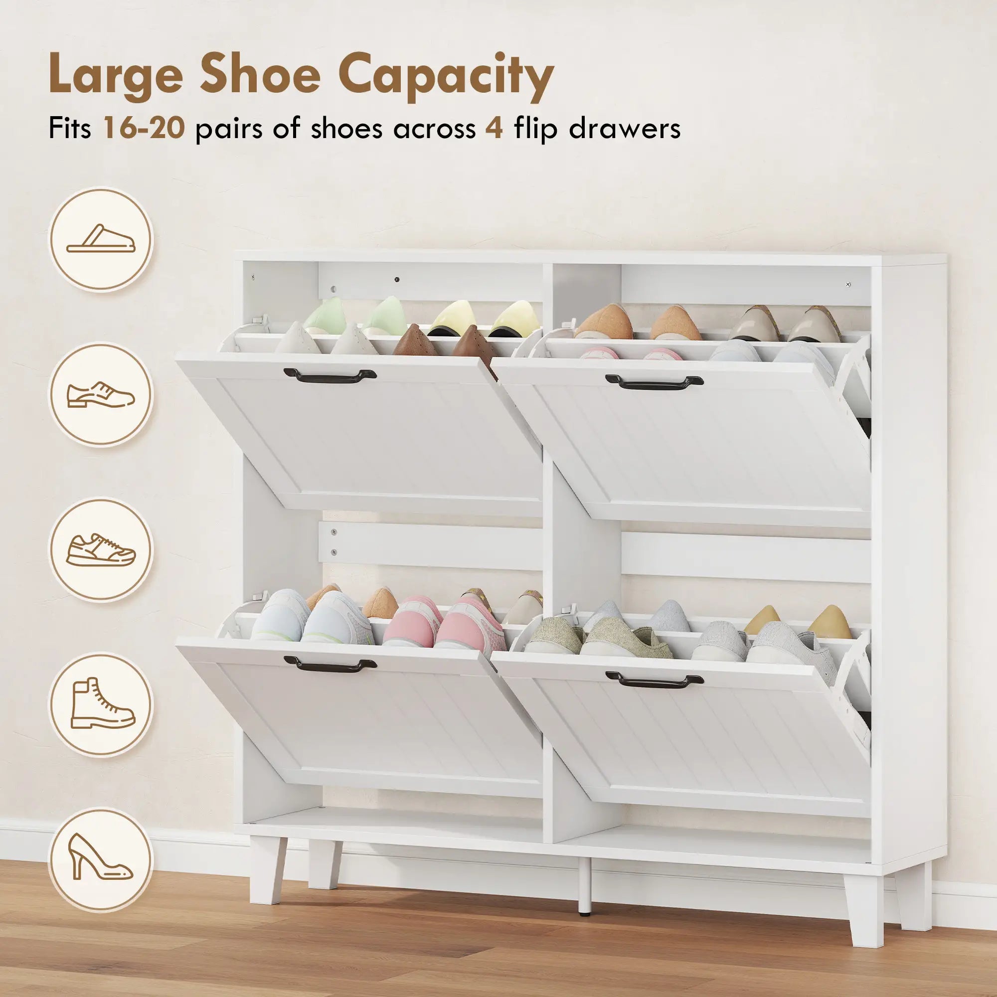Shoe Cabinet with 4 Flip Drawers, Freestanding Narrow Shoe Storage Cabinet with Adjustable Shelves, Open Back, White Shoe Storage Cabinets & Racks at Gallery Canada