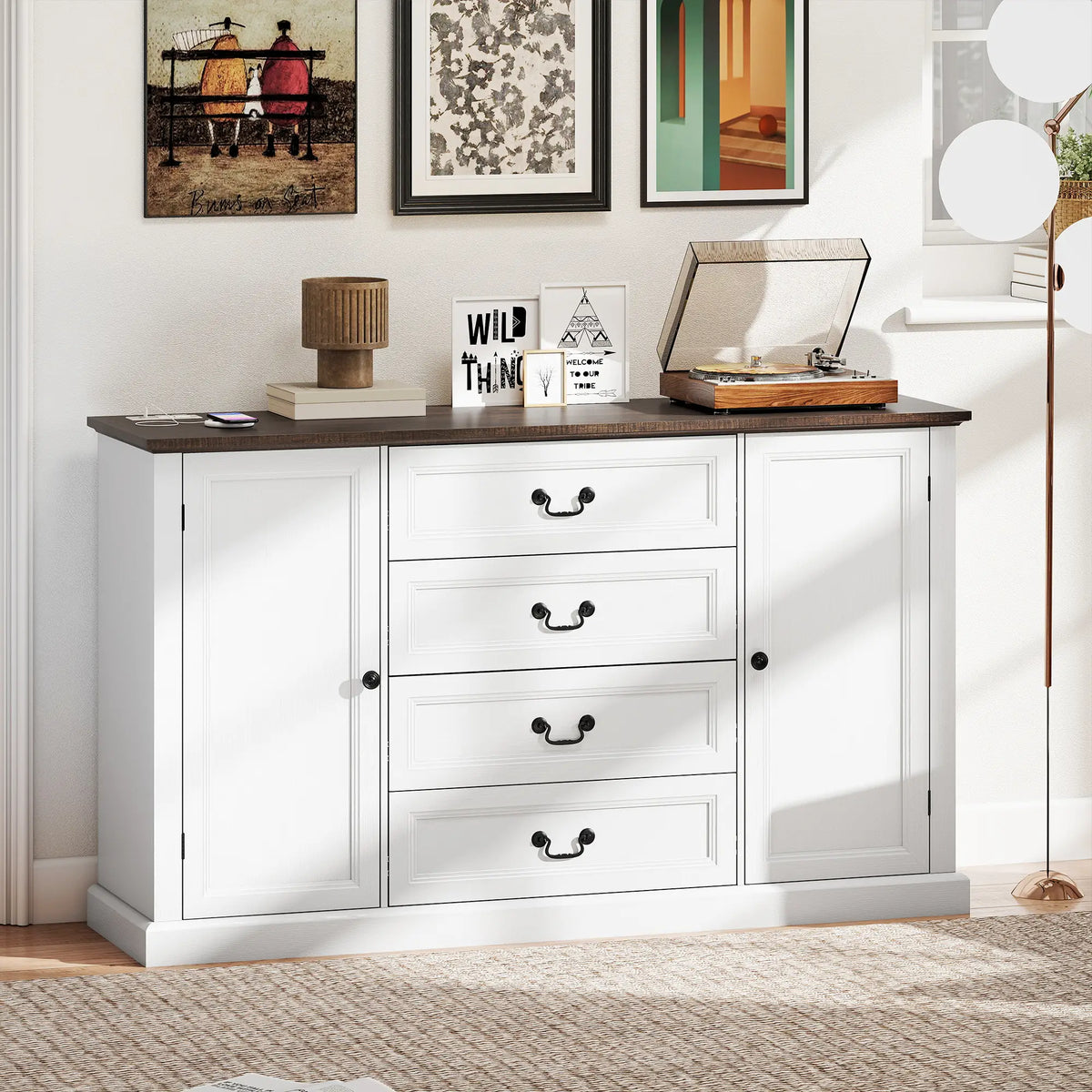 Farmhouse Sideboard with Charging Station, 58" Buffet Cabinet, White Storage Cabinets at Gallery Canada