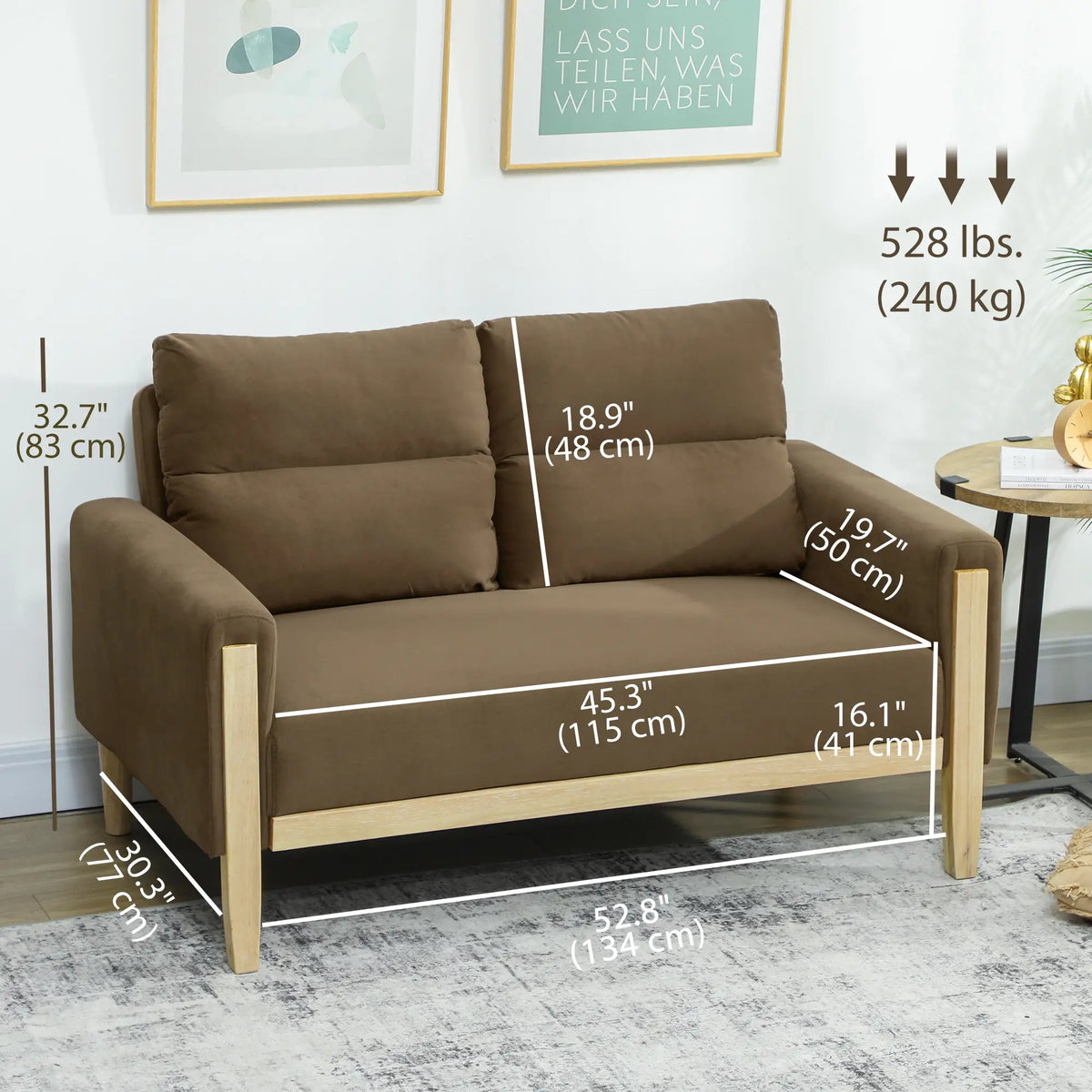 53 Inch Loveseat Sofa, 2 Seater Couch, Solid Wood Legs, Modern Velvet, Brown 2-Seater Sofas at Gallery Canada