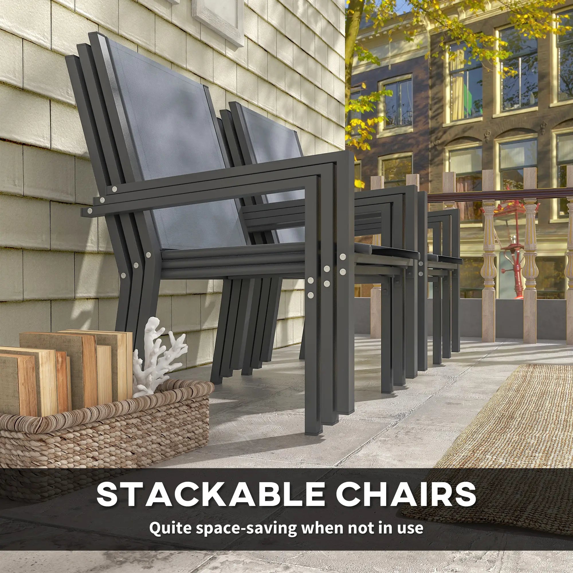 7 Piece Outdoor Dining Set, Rectangular Table, 6 Stackable Chairs Outdoor Dining Sets at Gallery Canada
