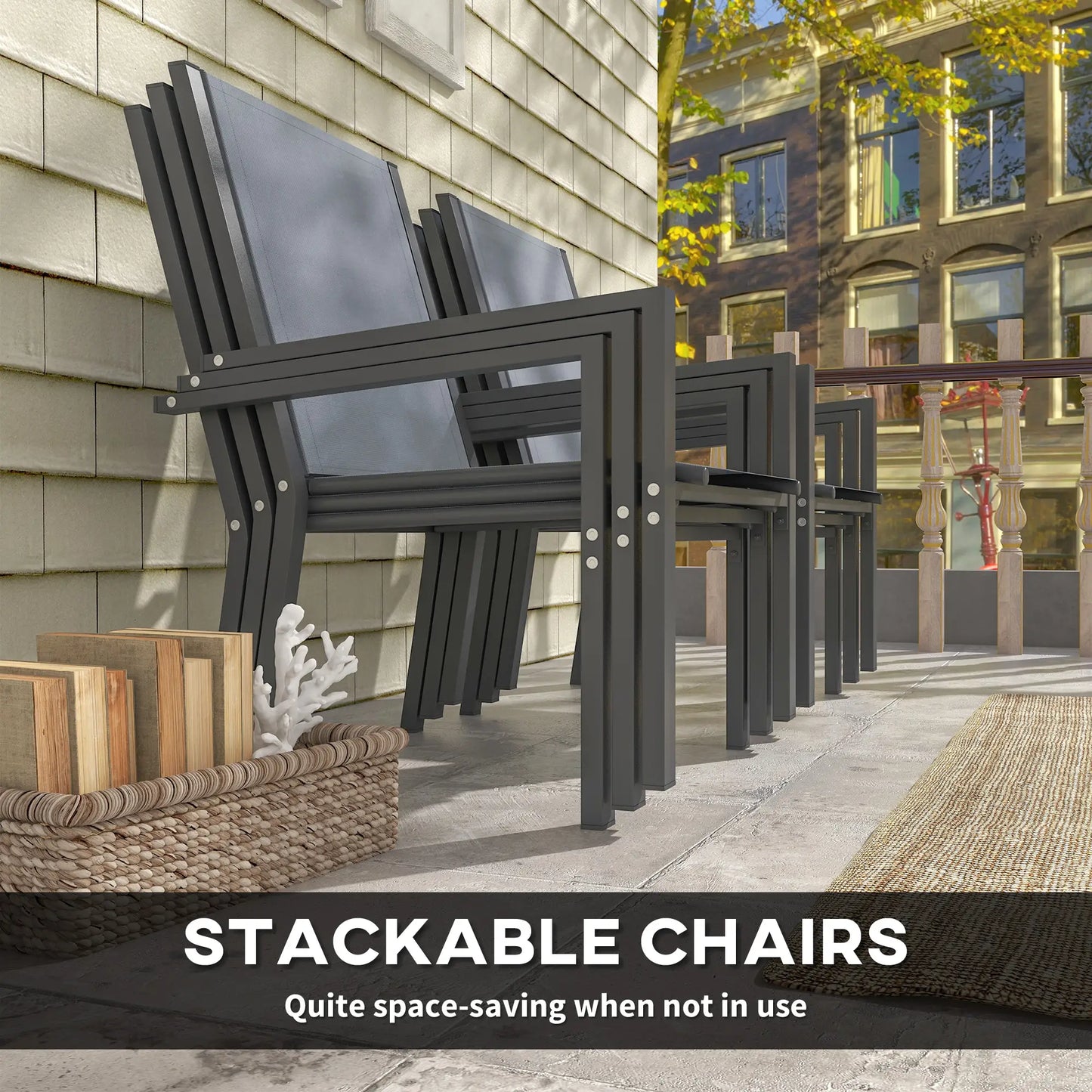 7 Piece Outdoor Dining Set, Rectangular Table, 6 Stackable Chairs Outdoor Dining Sets at Gallery Canada