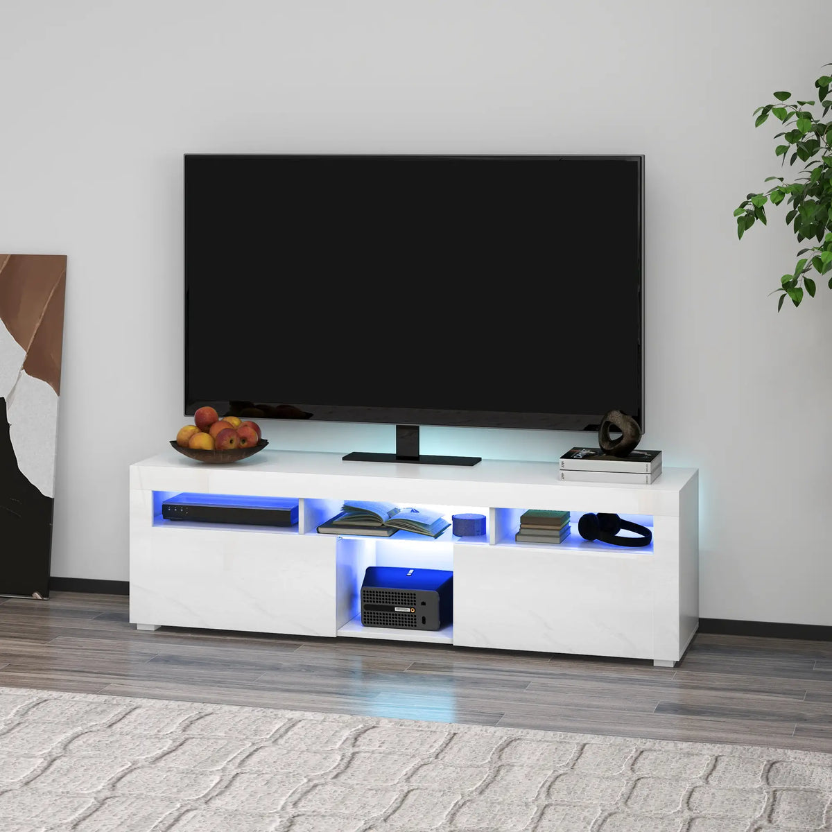 Support TV Moderne avec Rangement, Lumières LED, 55", Haute brillance, Blanc