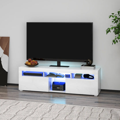 Support TV Moderne avec Rangement, Lumières LED, 55", Haute brillance, Blanc