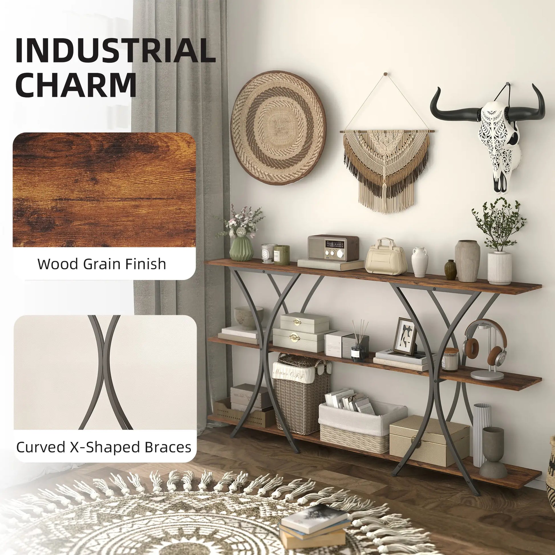 71 Inch Console Table, 3-Tier Industrial with 2 Shelves, Rustic Brown Console Tables at Gallery Canada