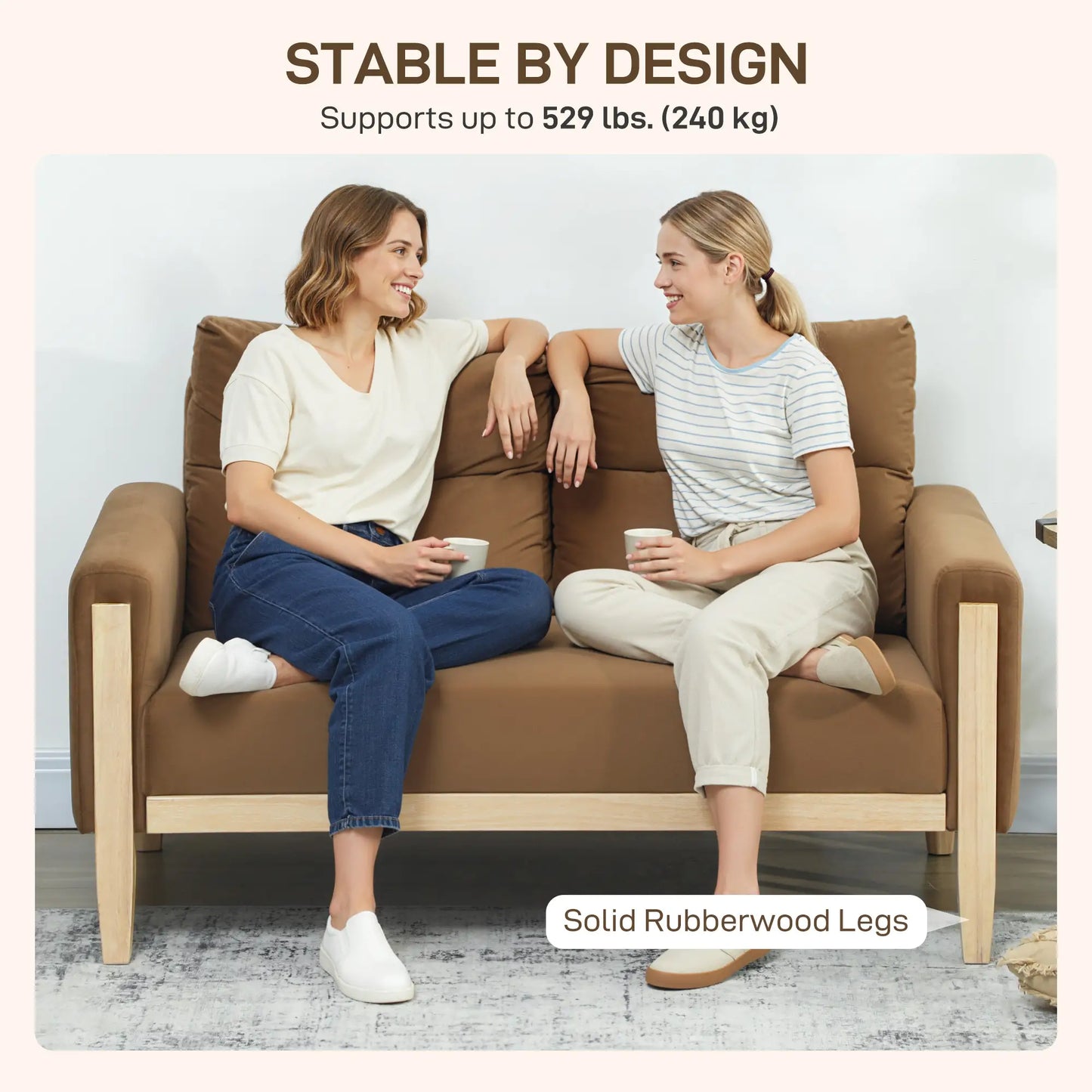 53 Inch Loveseat Sofa, 2 Seater Couch, Solid Wood Legs, Modern Velvet, Brown 2-Seater Sofas at Gallery Canada