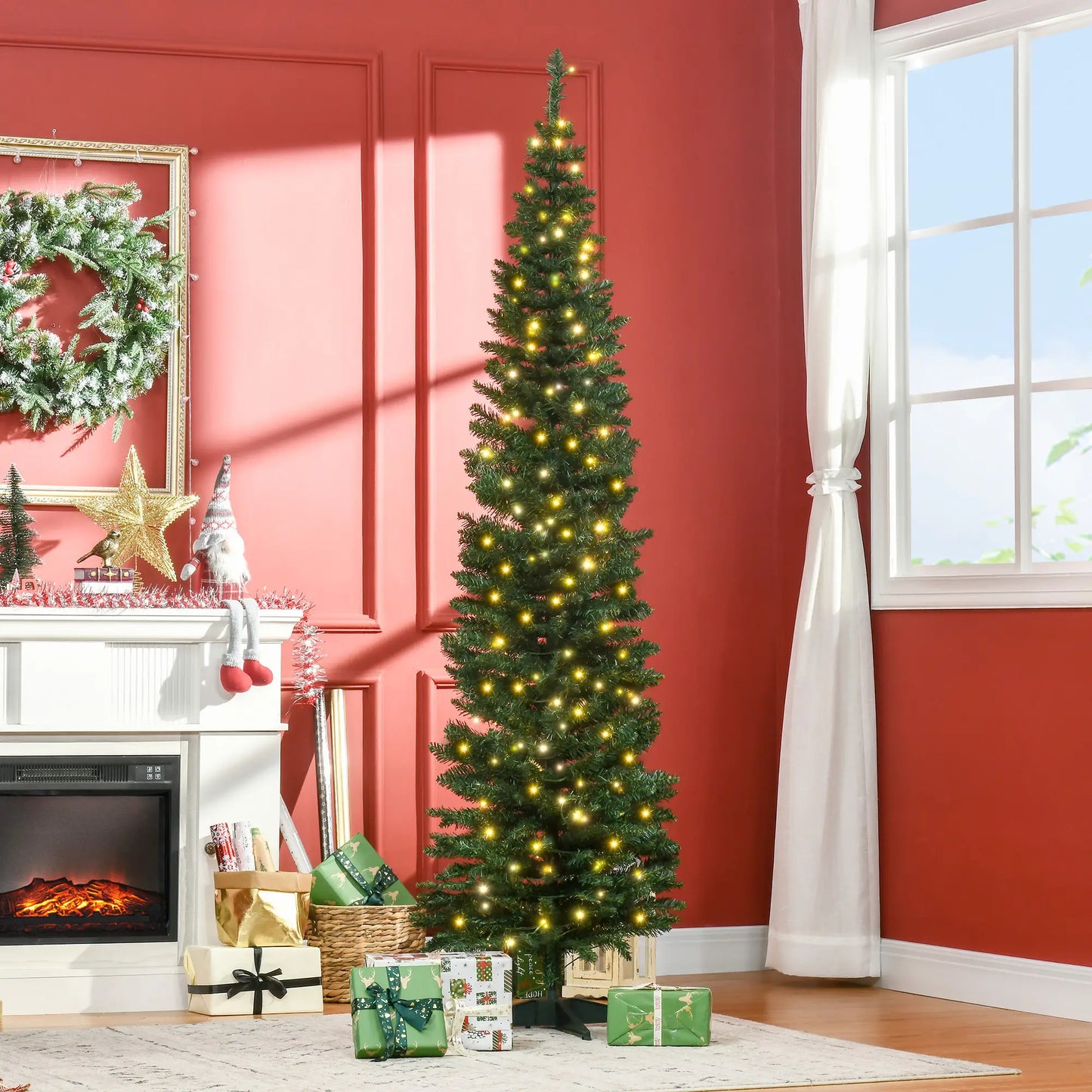 7' Pre Lit Artificial Pencil Christmas Tree, Warm White LED Lights, Green Pencil Christmas Trees at Gallery Canada