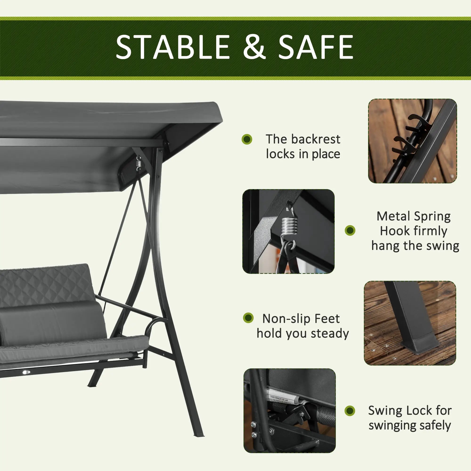 3 Person Porch Swing Bench, Adjustable Canopy, Cushions, Pillows, Dark Grey Porch Swings with Canopy at Gallery Canada