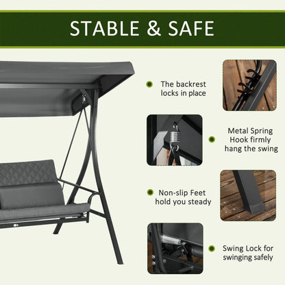 3 Person Porch Swing Bench, Adjustable Canopy, Cushions, Pillows, Dark Grey Porch Swings with Canopy at Gallery Canada