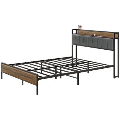 Queen Size Bed Frame, Upholstered Headboard, Storage Shelf, Walnut Bedroom Furniture Walnut, Black, Grey at Gallery Canada