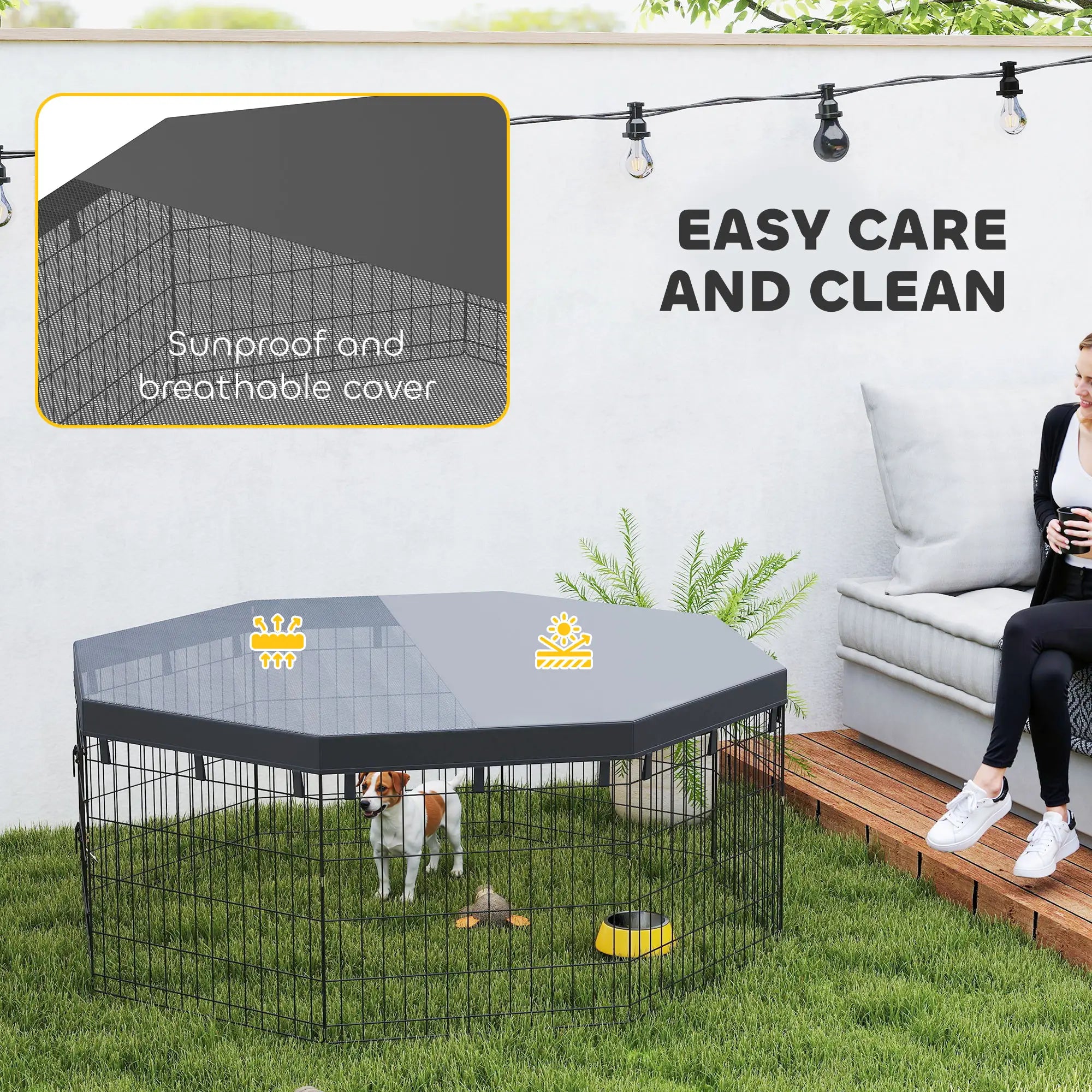 8 Panels Foldable Dog Playpen With Top Cover, 24