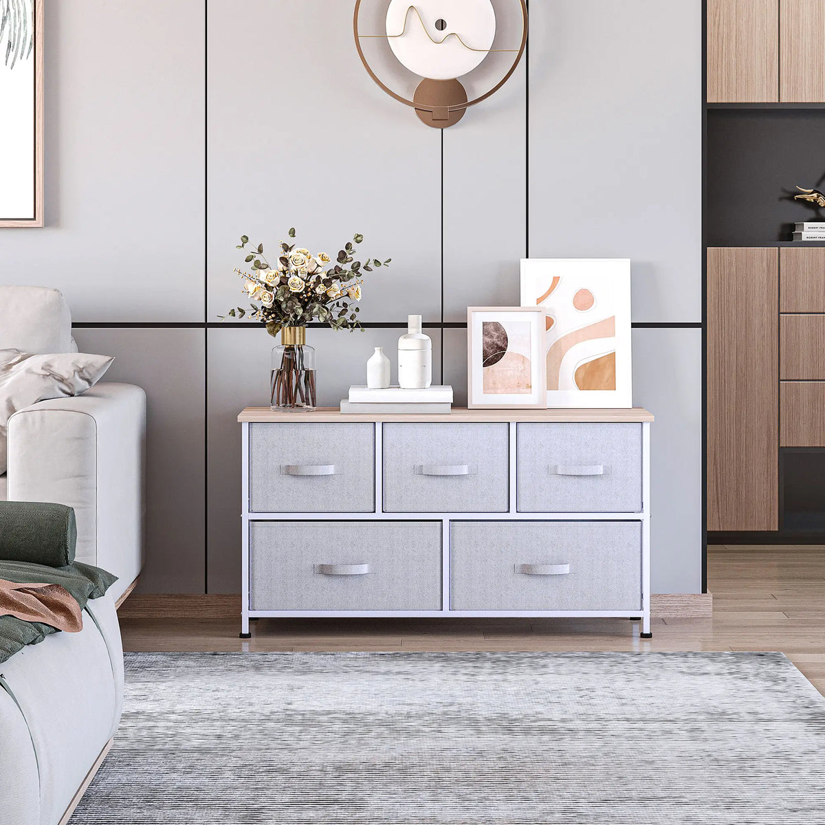 Linen Drawer Cabinet, 5 Removable Drawers, Metal Frame, Adjustable Feet, Grey Storage Cabinets at Gallery Canada