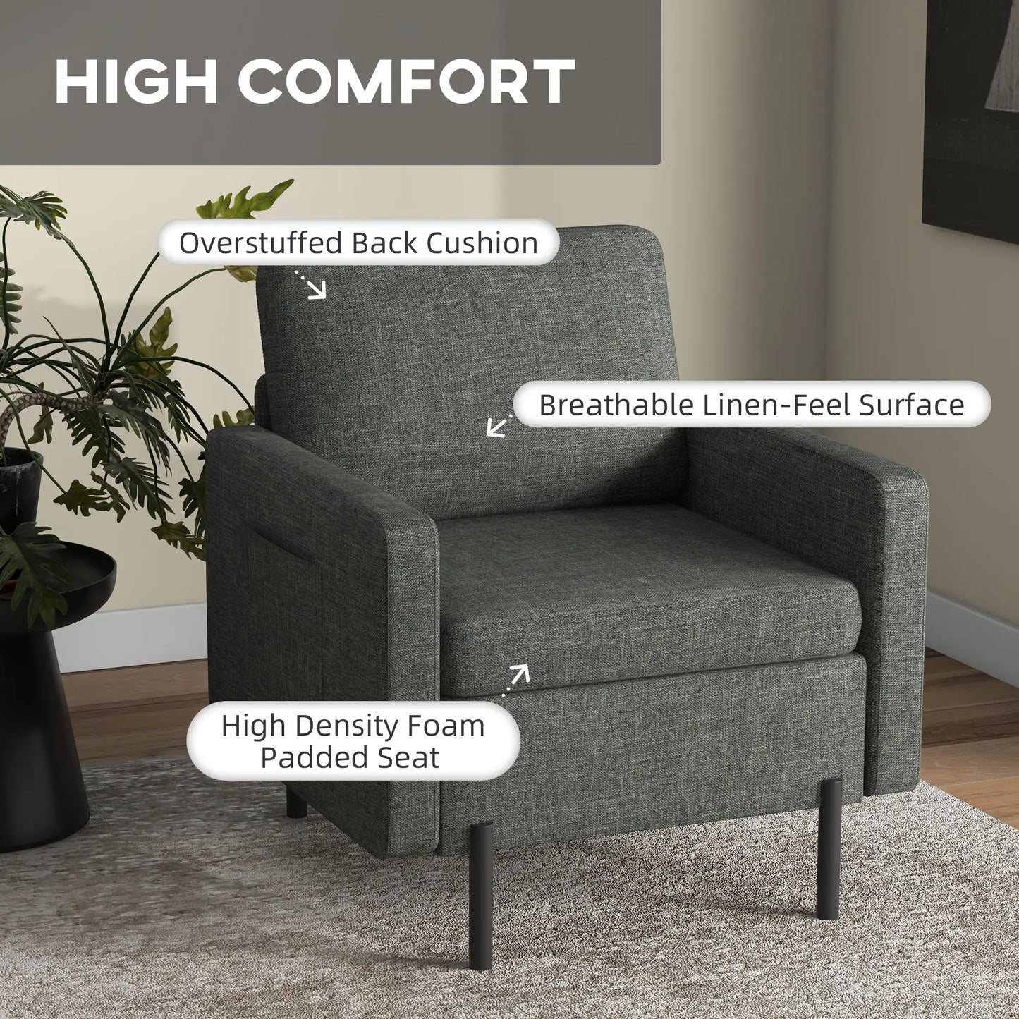 Modern Fabric Accent Armchair, Metal Legs, 2 Side Pockets, Grey Accent Chairs at Gallery Canada