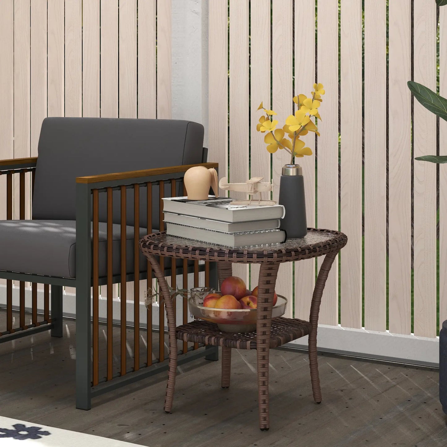 Outdoor Coffee Table With Storage Shelf, Wicker Side Table, Water-Ripple Glass Top, Mix Brown Patio Side Tables at Gallery Canada