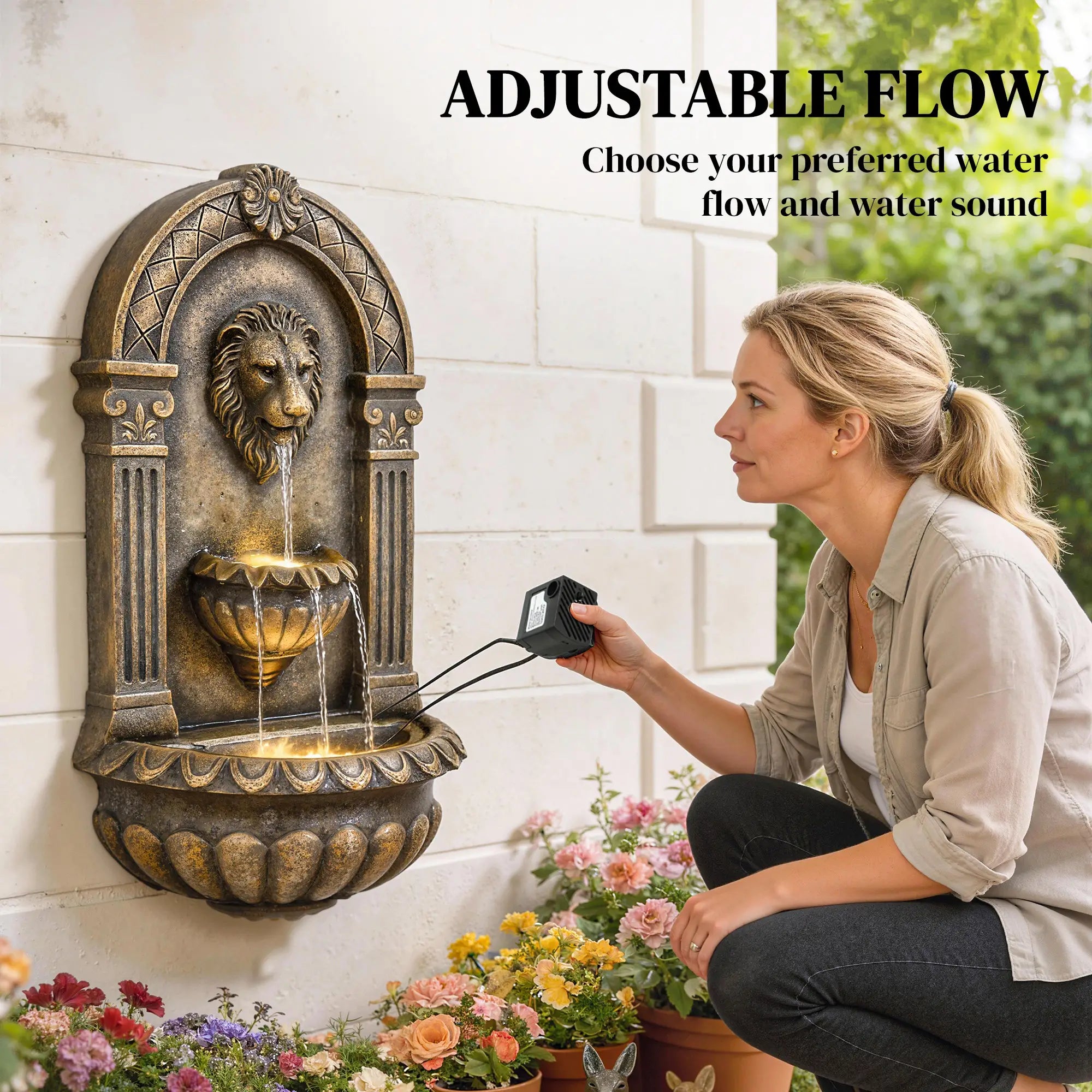 Wall Mounted 3 Tier Outdoor Fountain, Resin Waterfall With LED Lights, Rustic Brown Water Fountains at Gallery Canada