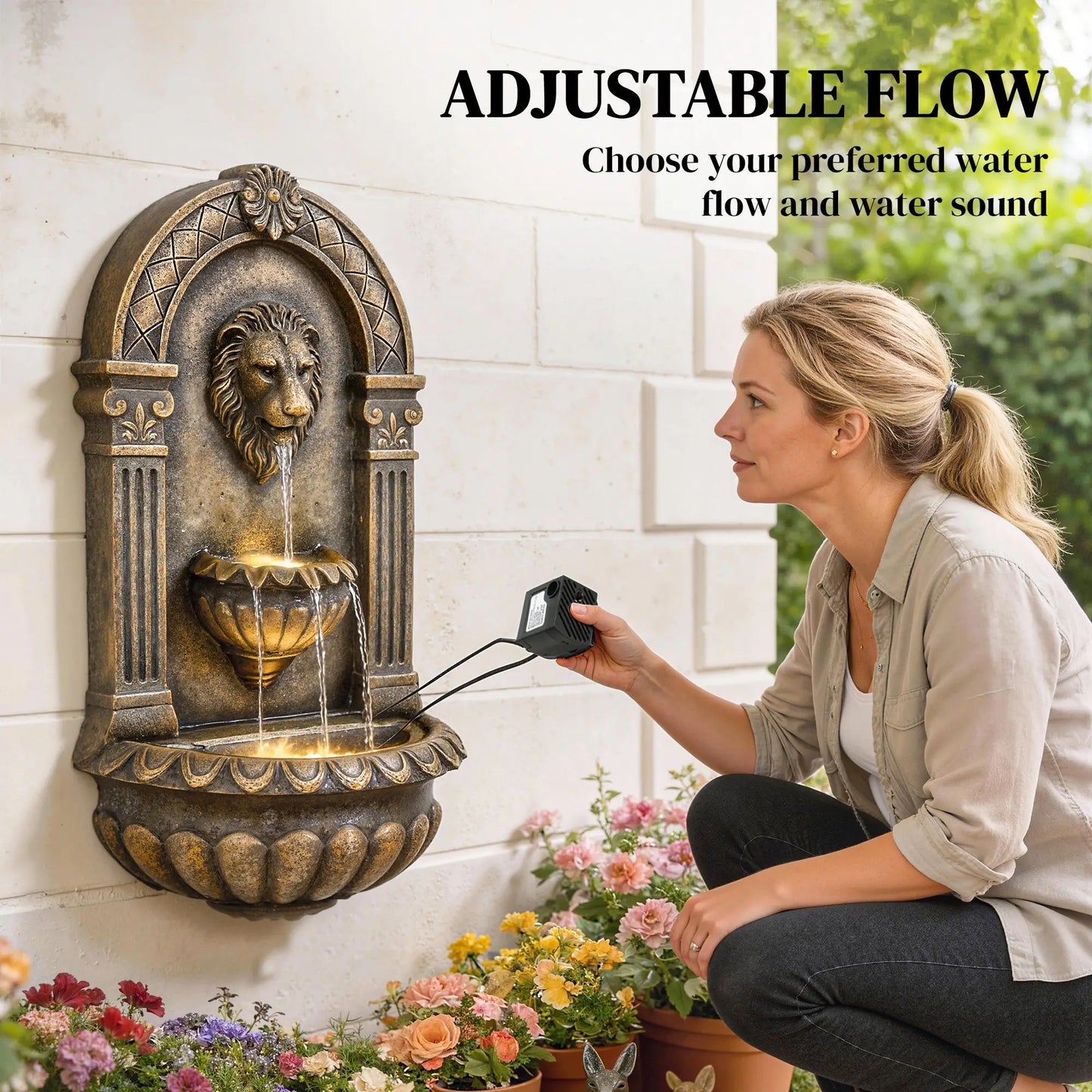 Wall Mounted 3 Tier Outdoor Fountain, Resin Waterfall With LED Lights, Rustic Brown Water Fountains at Gallery Canada