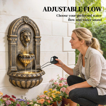 Wall Mounted 3 Tier Outdoor Fountain, Resin Waterfall With LED Lights, Rustic Brown Water Fountains at Gallery Canada