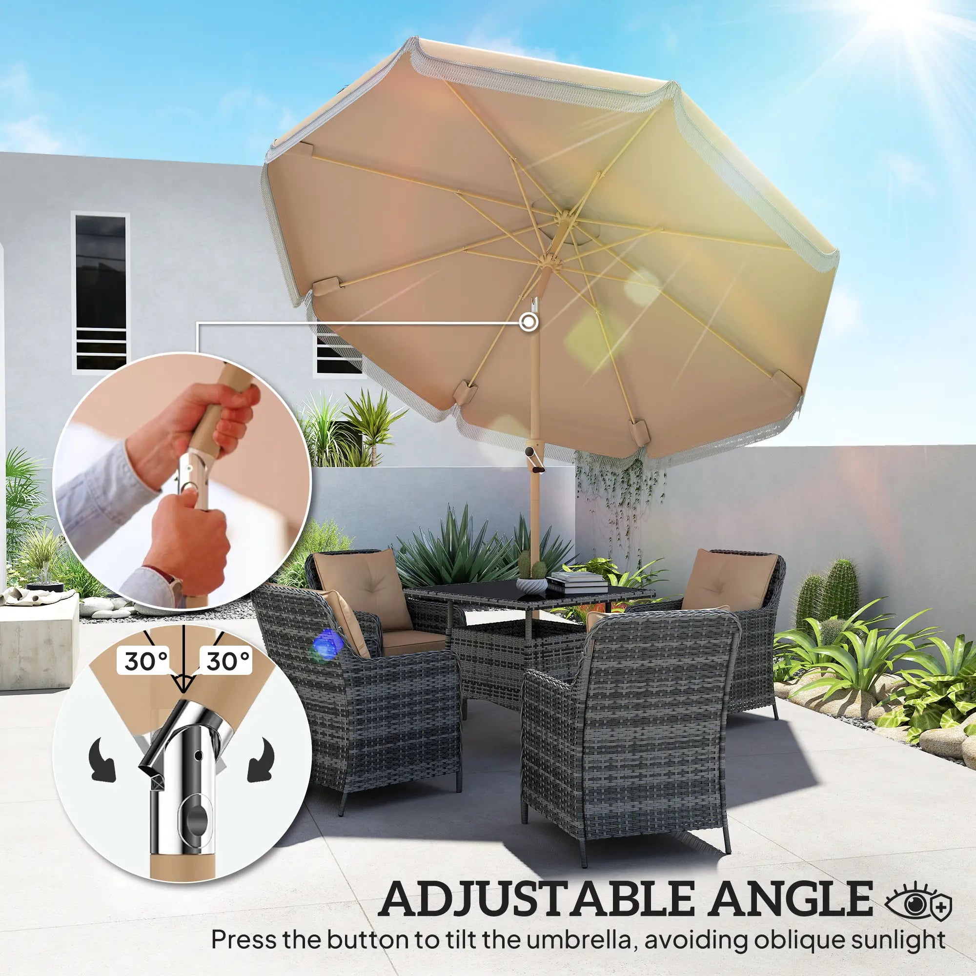 9 ft Patio Umbrella, Push Button Tilt Crank, Fringed Outdoor Market Table, Khaki Sun Umbrellas at Gallery Canada